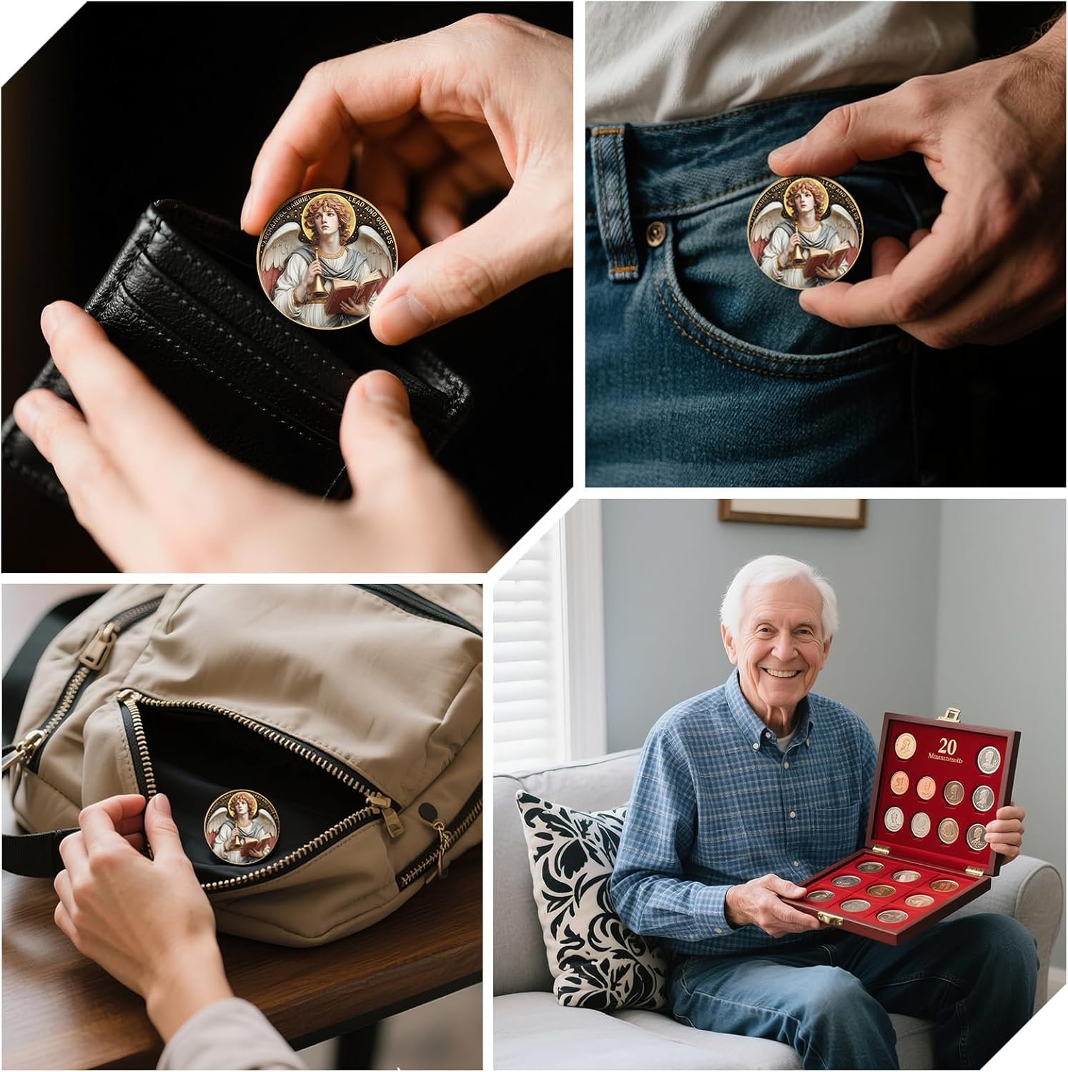 Archangel Gabriel Religious Challenge Coins (5-Pack) with Prayer – 3D Angel Pocket Coins with Clear Cases – Zinc Alloy Faith Gifts for Protection, Guidance, and Inspiration (1.57 Inch Each)