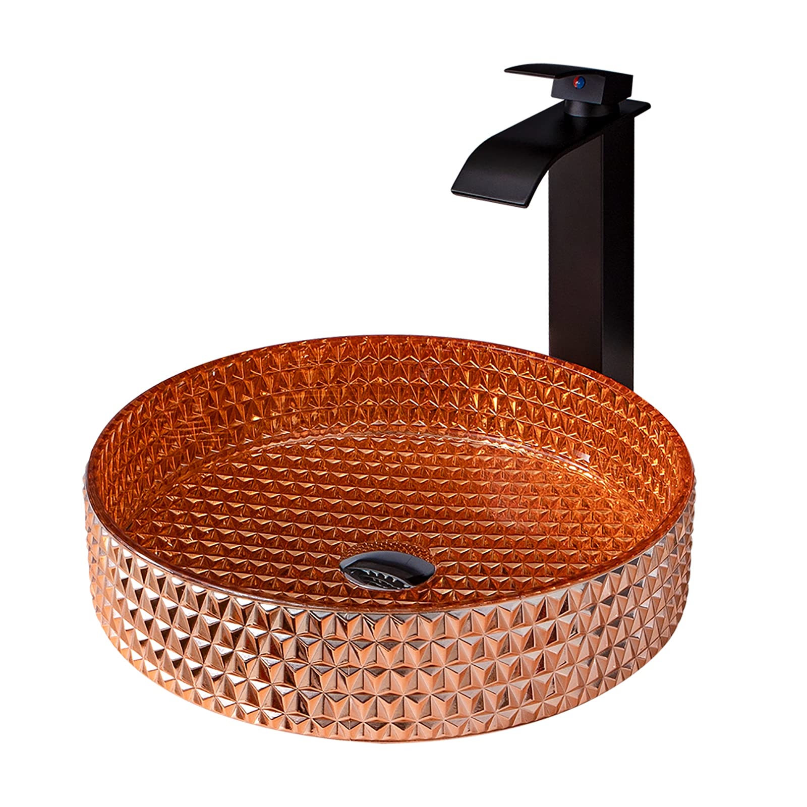 ASerZenith Bathroom Vessel Sink Vanity Glass Vessel Bowl Sink Cylindrical Countertop Sink Bowl Above Counter Sink Art Basin With Waterfall Faucet And Pop Up Drain,Gold