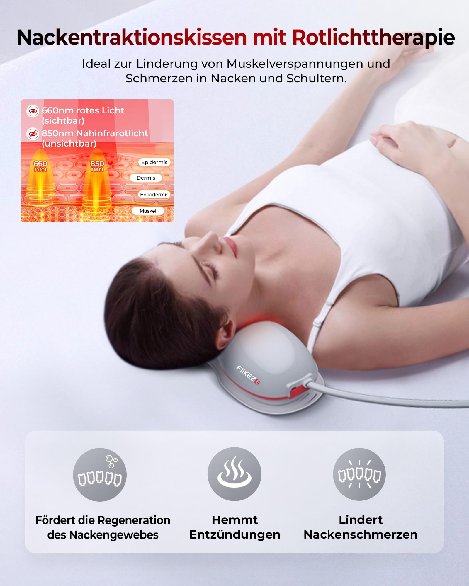 Flikeze Beheizter Nackenstrecker mit Rotlichttherapie, kabelloses Nacken traktionsgerät zur Linderung von Nackenschmerzen und zur Schulterentspannung, Nackenmassagegerät für Zuhause und Büro