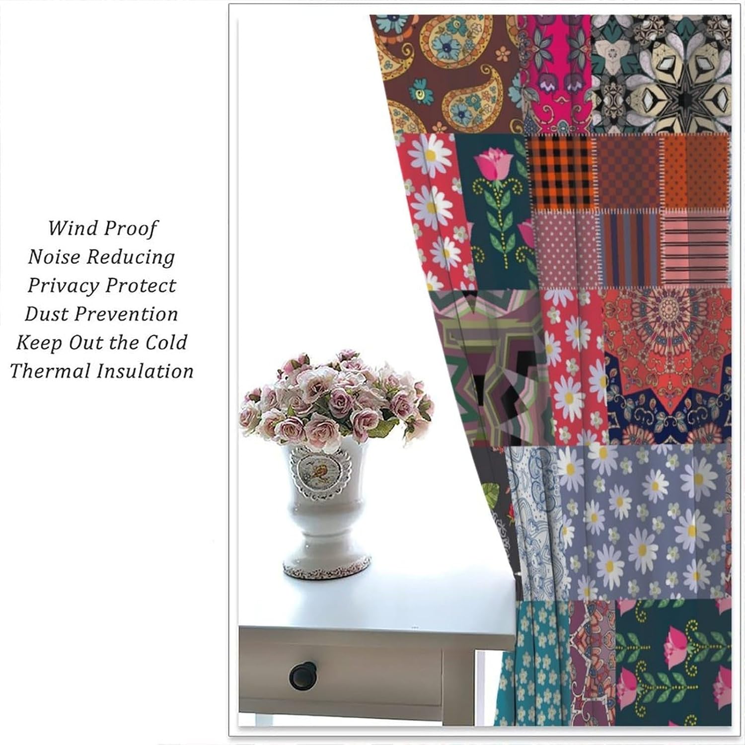 Patchwork Curtains, Hippie Patchwork Pattern Flowers Window Treatments, Retro Rod Pocket Thermal Insulation Drapes for Bedroom Living Room Kitchen, 42" W X 45" L