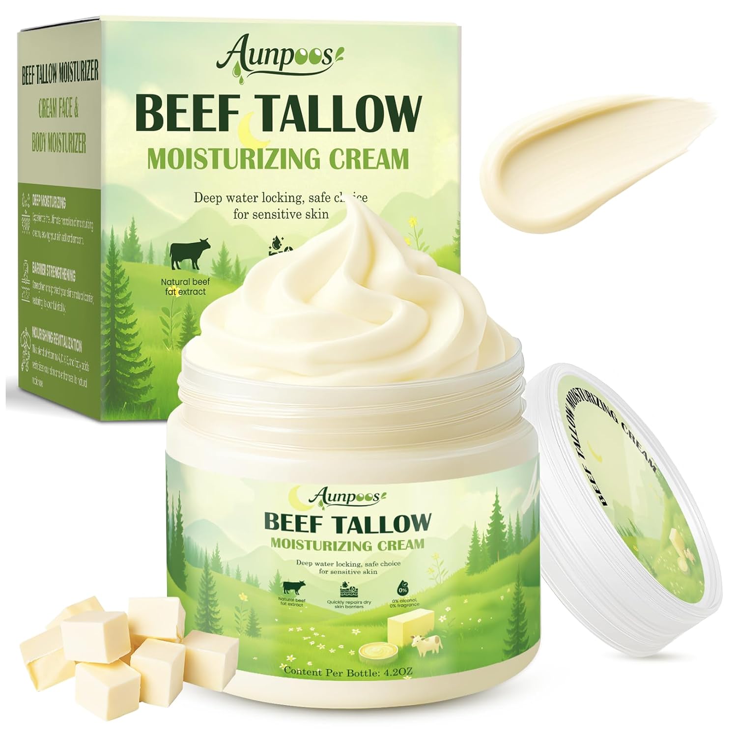 Aunpoos Beef Tallow for Skin Face Moisturizer Organic Whipped Grass Fed Beef Tallow for Skin Face Moisturizer Body Balm Deep Nourishment for Dry Cracked Sensitive Suitable for All Skin Types 4.2OZ