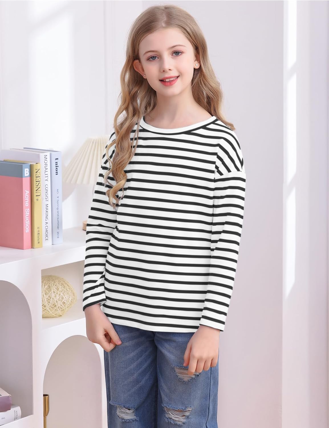 Fanway&EC Girls Casual Long Sleeve T Shirts Basic Crewneck Striped Tunic Blouses Tops