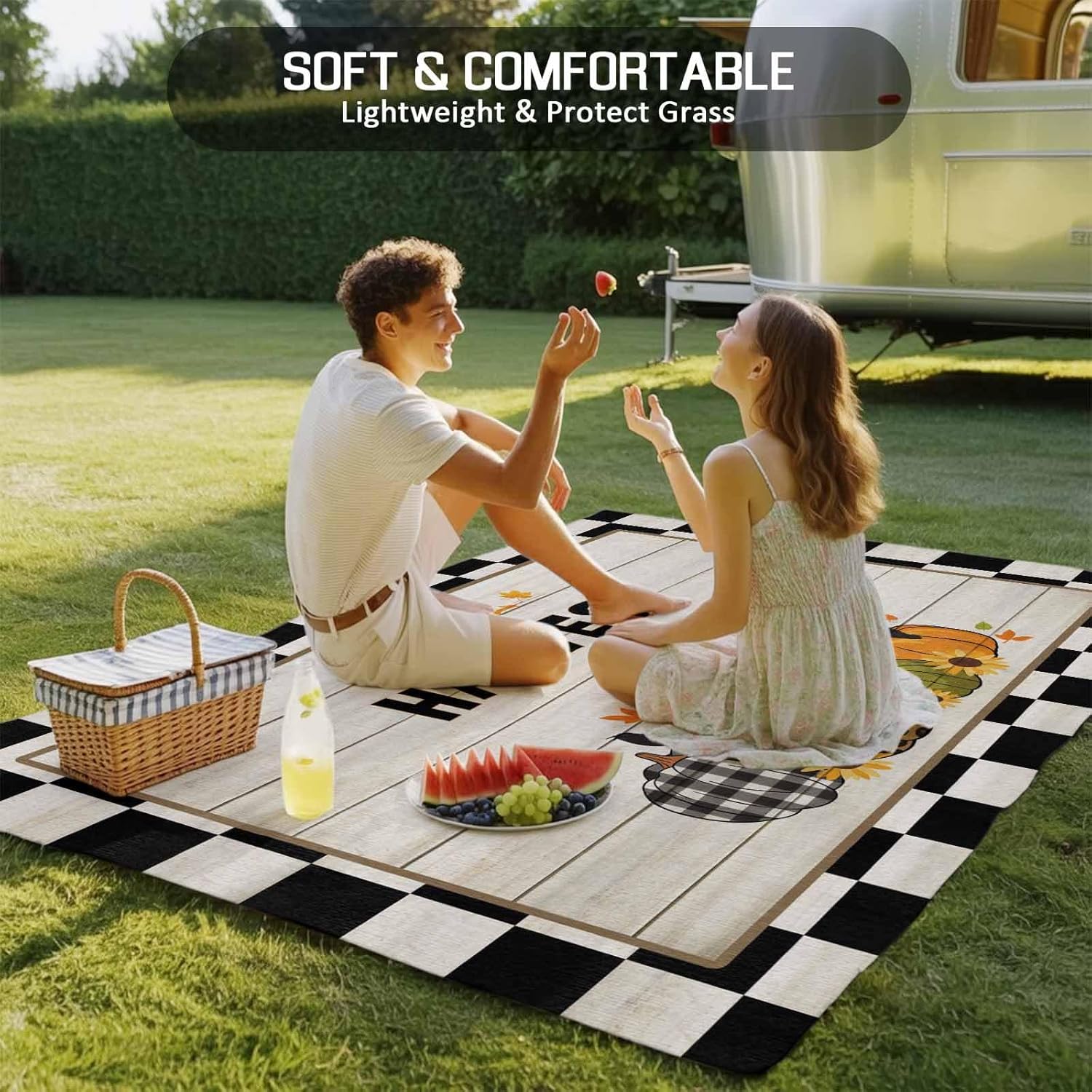 4x6 feet Outdoor Area Rug Non-Slip Carpet, Fall Harvest Pumpkins White and Black Check Plaids Absorbent Mat Low Pile Rugs for Patio, Backyard, Deck, Picnic, Beach, Trailer, Camping Decor