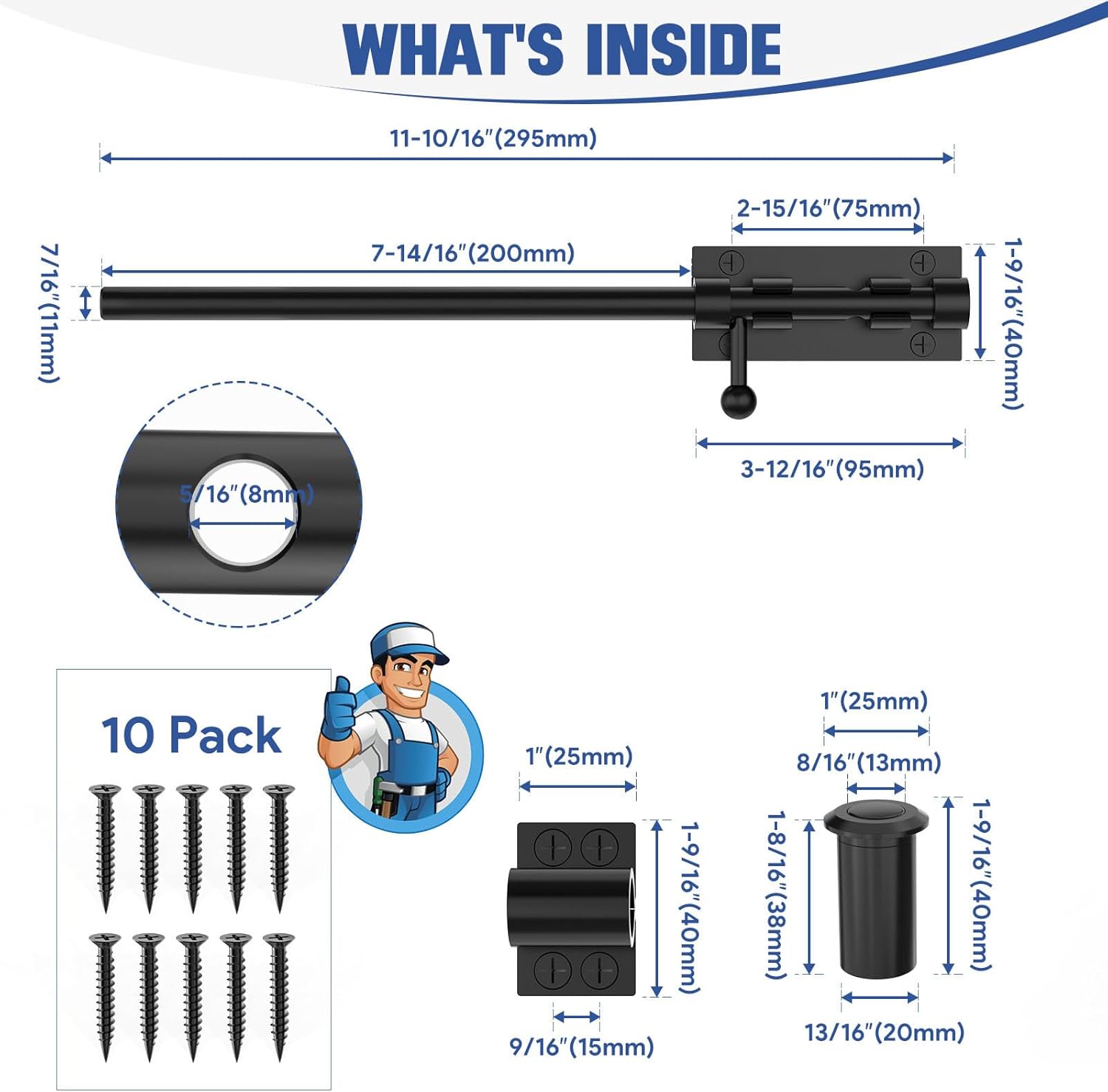 Barrel Bolt Latch, Sliding Bolt Gate Lock Door Latches Hardware, 12 Inch Heavy Duty Solid 304 Stainless Stee Door Lock for Fence/Wooden/Barn Door/Yard Door/Interior Door Latch (12inch Black-2 Pack)