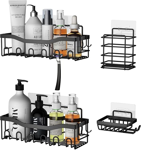 kitnice Bathroom Storage Shower Shelves Black, Shower Caddy(4 pack), No Drilling Mounted for Bathroom, Bathroom Accessories, Towel Hook Bathroom organiser,Razor Holder, Soap Dish With 15 Hooks