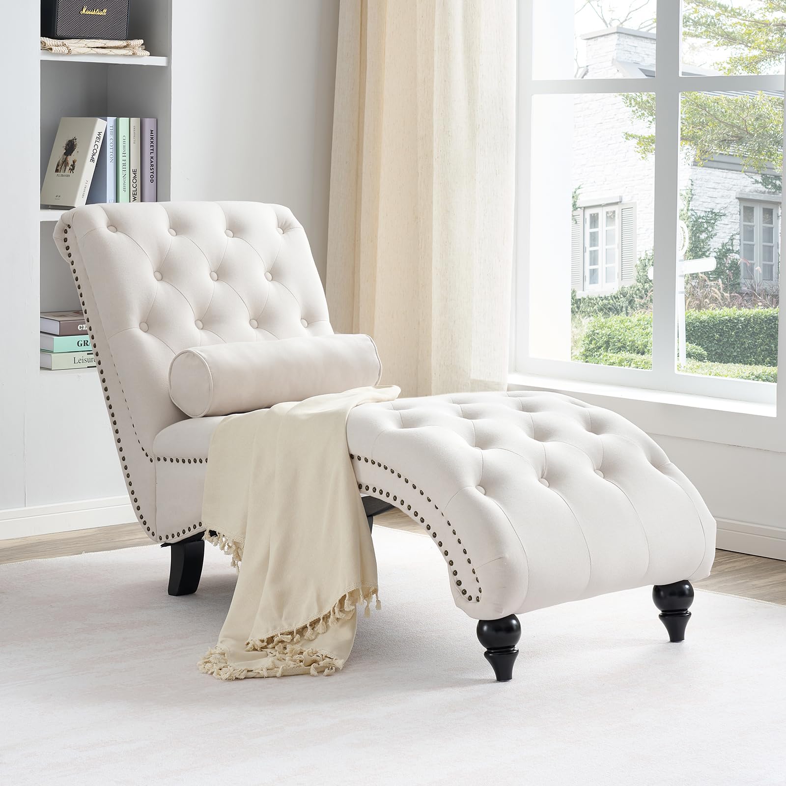 Modern Tufted Chaise Lounge Chair with Pillow - Mid-Century Armless Sofa for Living Room & Bedroom, Plush Upholstered Design, 300lb Capacity, Reinforced Wood Legs (Cream Beige)