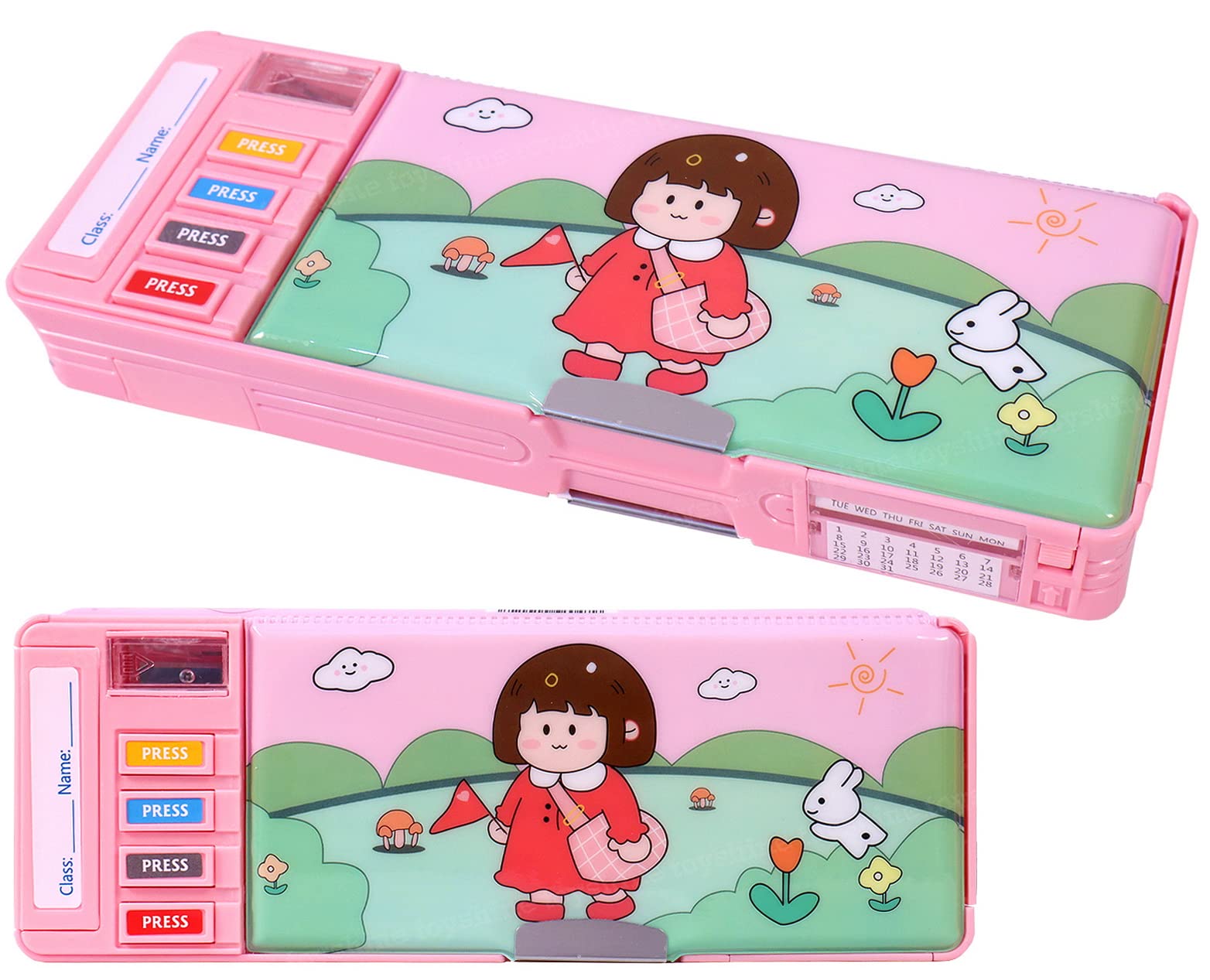 Toyshine Multi Compartment Button Operated Girl Pencil Box, With Pen Stand In-Built, Push Button Enabled Storages And Sharpener For Kids - Pink - Plastic (B0BZSN9SXK) Amazon Price History, Amazon Price Tracker