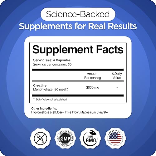 Miniatura 6 de Balancebreens Monohidrato de creatina, 3000 mg por porción, 120 cápsulas, sin OMG, probado en laboratorio, certificado GMP, fabricado en Estados