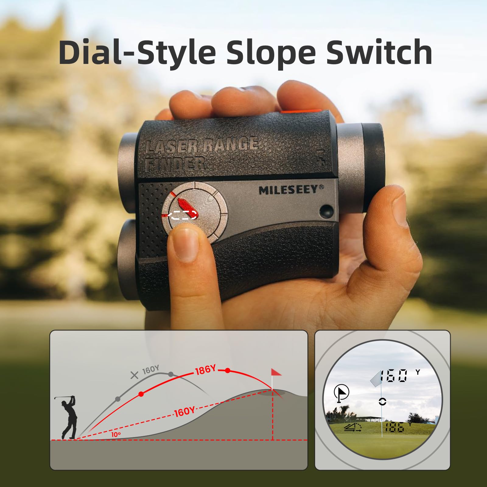 MiLESEEY PFS2 Premium Golf Distanza Misuratore con Display Nero e Rosso, 7,5° Ampio Campo Visivo Laser Distanza Misuratore Golf, 0,1s Blocco Bandiera Pulsazione Vibratione, Magnetico, Modalità Coach