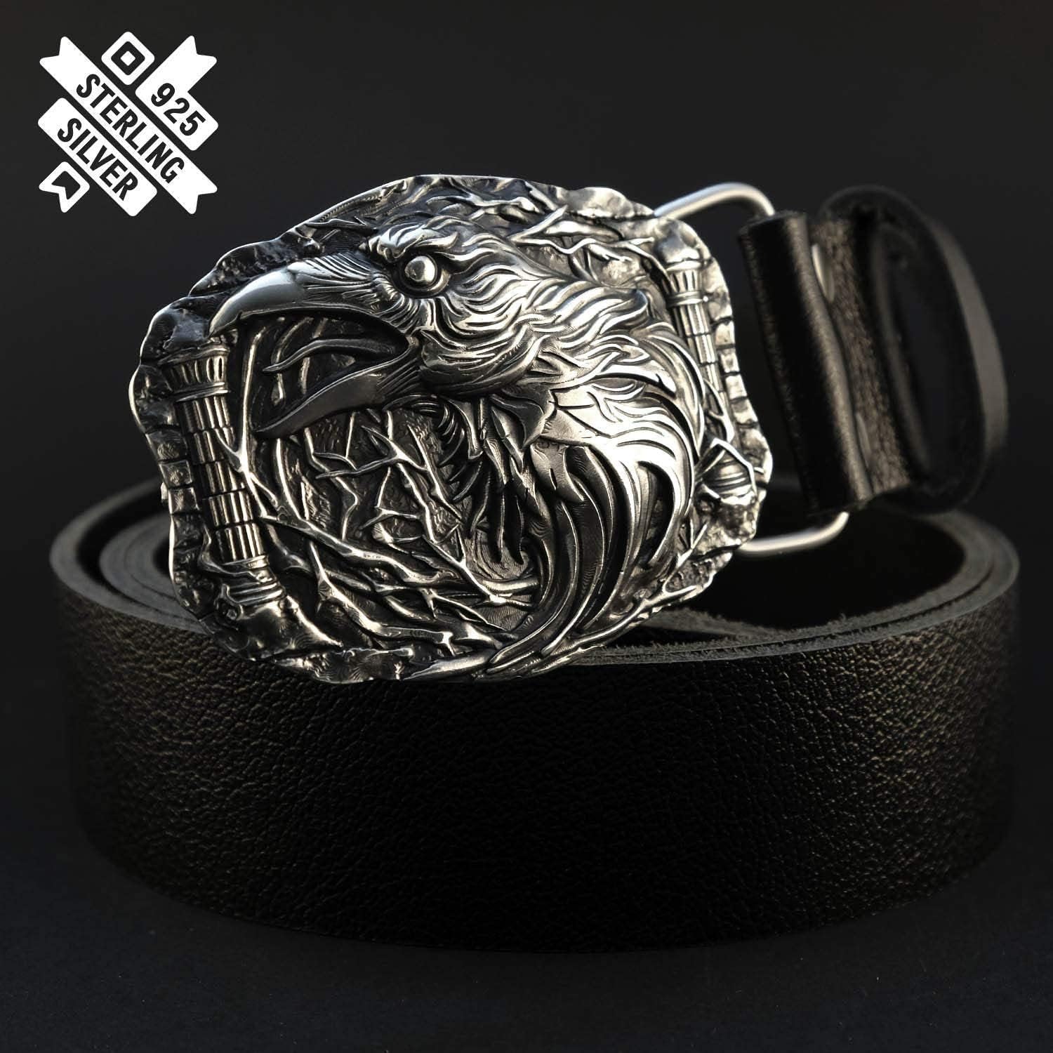Raven belt buckle, Old Norse Scandinavian Odin's Huginn and Muninn ravens solid 925 Sterling Silver belt buckle