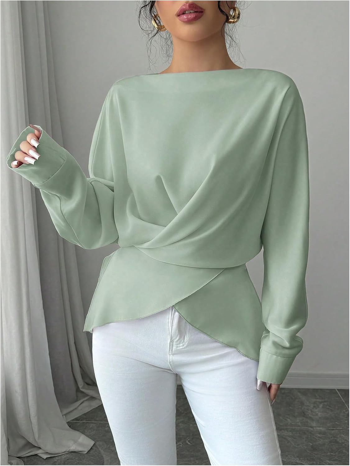 SOLY HUX Women's Criss Cross Wrap Tops Boat Neck Long Sleeve Tie Back Elegant Dressy Blouse - Image 4