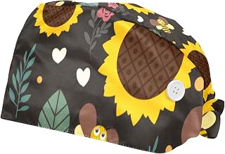 2 Pieces Working Hat with Buttons Adjustable Sweatband Bouffant Hats Unisex Tie Back Hats Sunflower With Bee