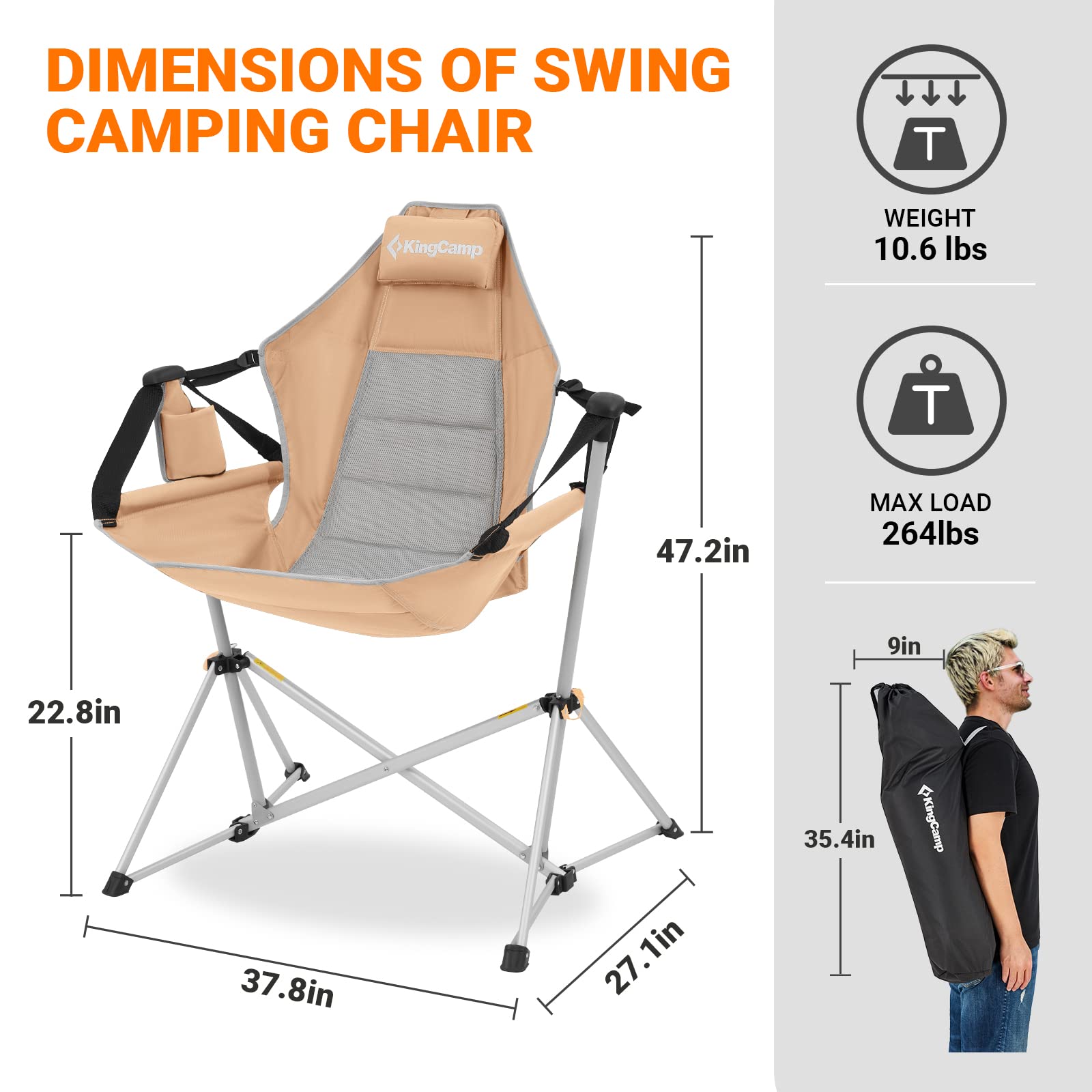 KingCamp Hammock Camping Chair, Swinging Portable Folding Camp Chairs for Adults 400lbs Heavy Duty Foldable Oversized Rocker with Aluminum Alloy Frame Cup Holder Pillow for Outdoor Beach Patio Sport