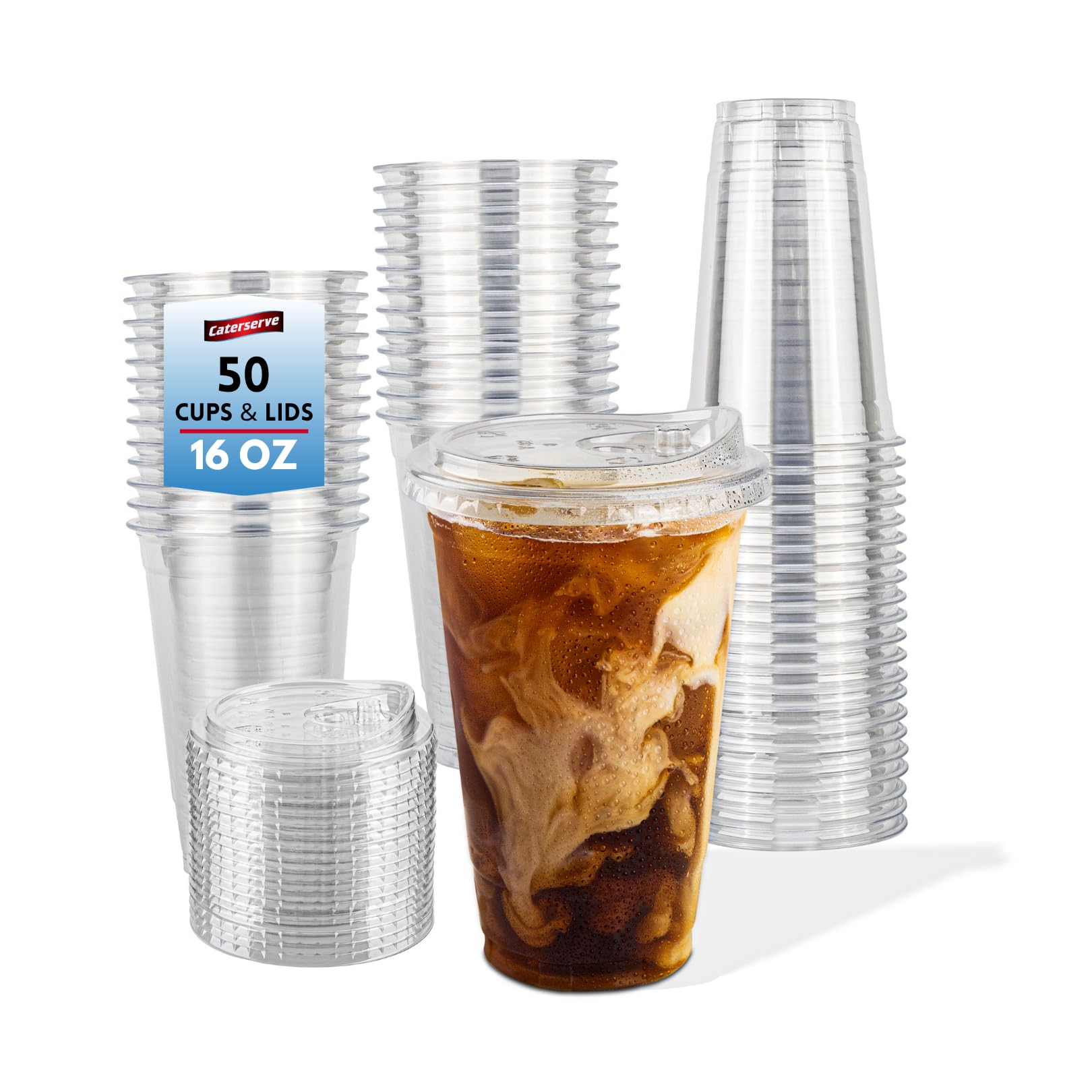 Caterserve Clear 16oz PET Plastic Cups with Sip Through Lids β 50 Pack Set β Great for Iced Drinks at Cafes, Restaurants, Events, and Takeaway Service