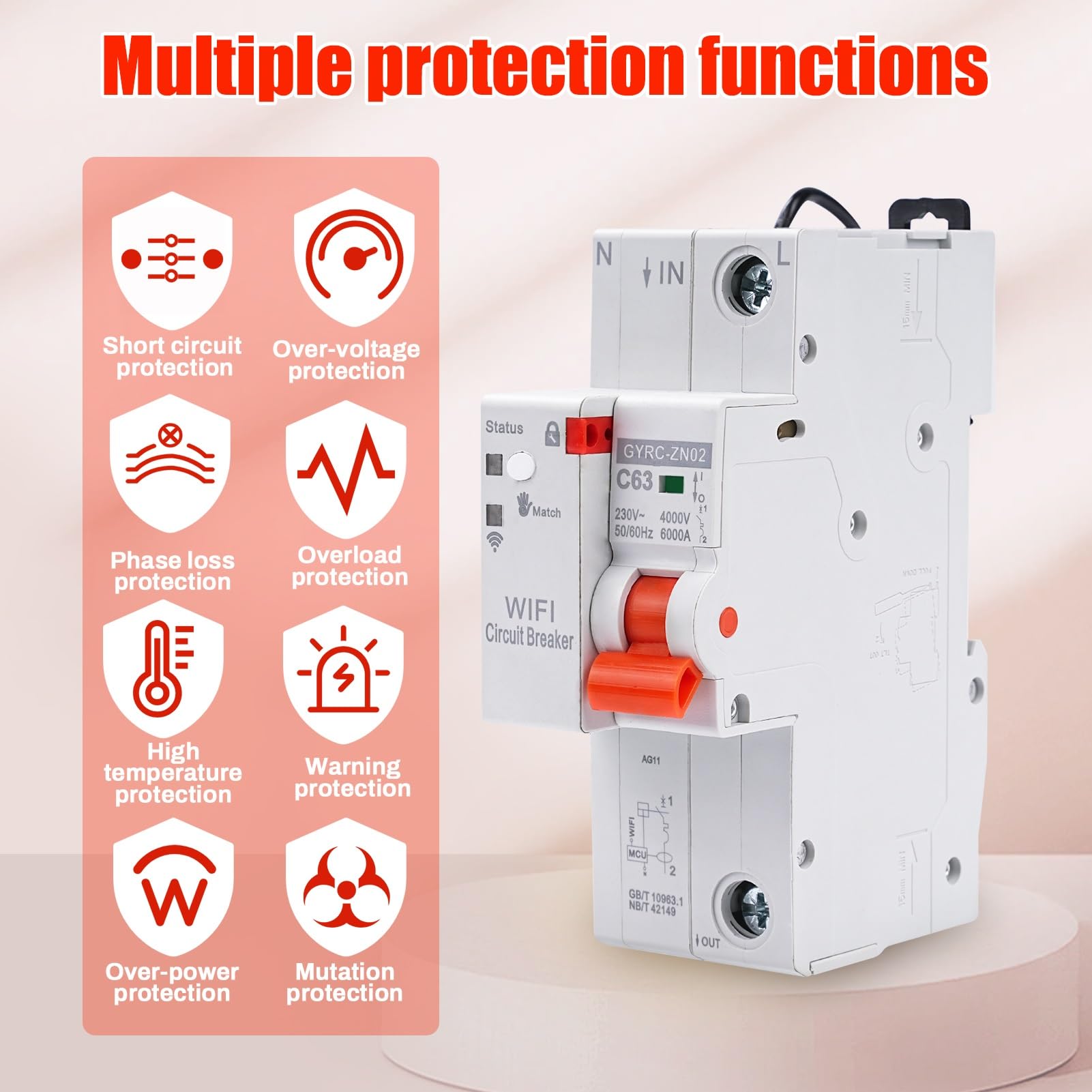 Jadeshay Disjoncteur Différentiel 63A, Tuya Disjoncteur WiFi Intelligent Interrupteur wifi Avec Protection de réenclenchement, Protection Contre les Surtensions et les Sous-tensions 230V 1P