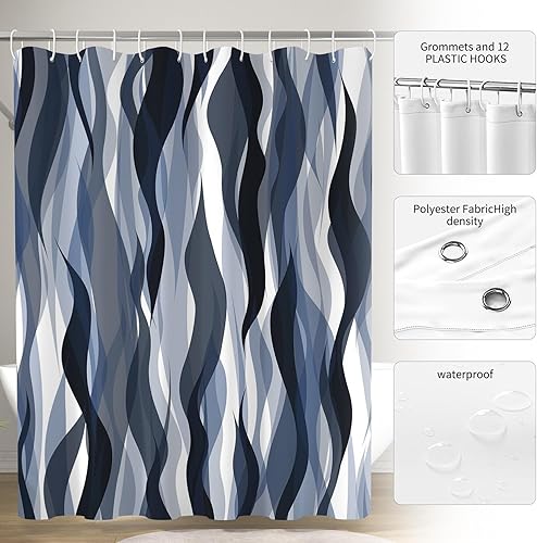 Miniatura 6 de ChloropLastid Cortina de ducha retro azul grisáceo, diseño de líneas vibrantes, diseño estético abstracto, cortina de ducha de baño, tela a rayas