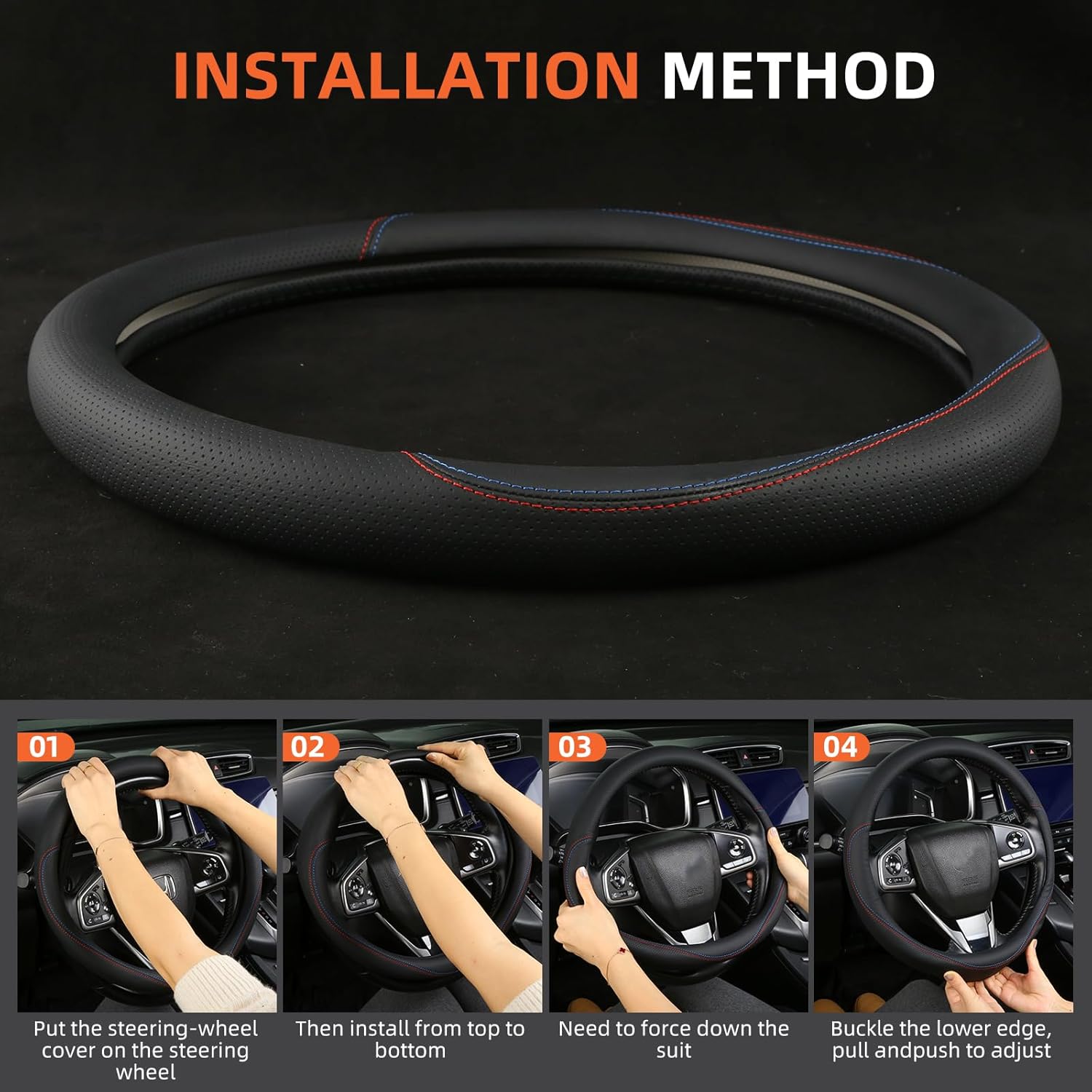 Leather Steering Wheel Cover Custom-Fit for Toyota, Comfort Grip Design Breathable and Non-Slip, Toyota Car Steering Wheel Protector for Women Men, Toyota Accessories,Black (C-Style, for Toyota)