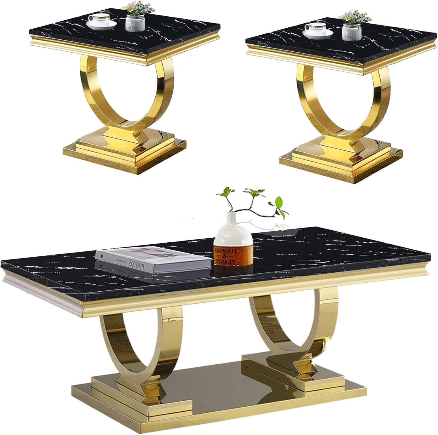 Black Coffee Table and End Table Sets, 3 Piece Marble Living Room Table Set 1 Coffee Table and 2 End Tables,Modern Faux Marble Top with Gold Stainless Steel Frame for Living Room