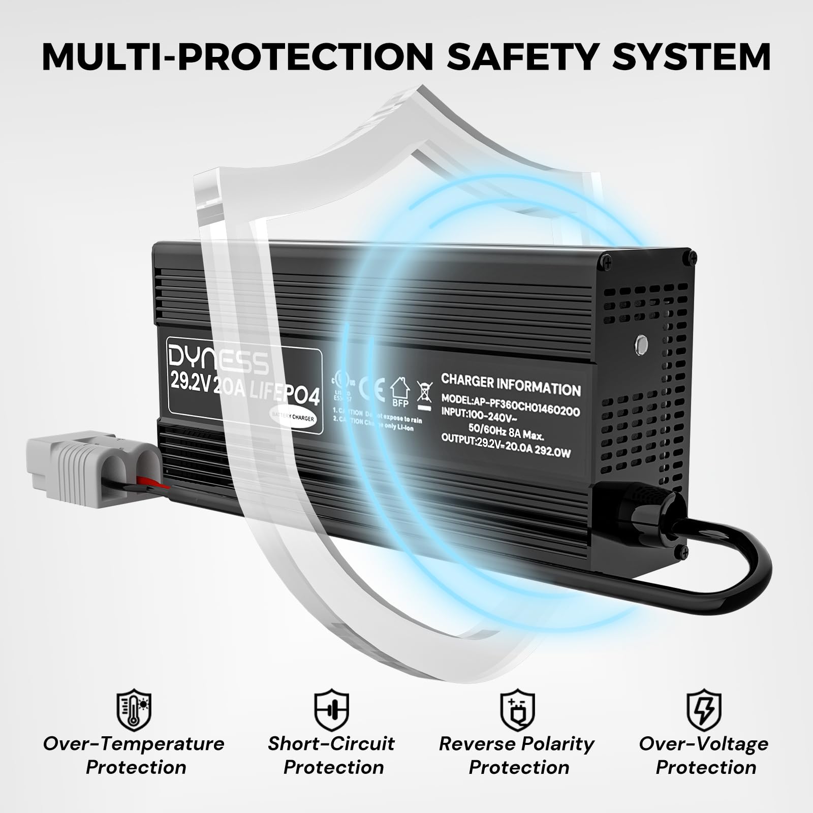 Dyness Caricabatterie 29,2 V 20 A LiFePO4, Caricabatterie Automatico Intelligente a 3 Livelli per Batterie al Litio LiFePO4 Adatto per Batterie al Litio da 24 V (25,6 V) con Protezione Completa