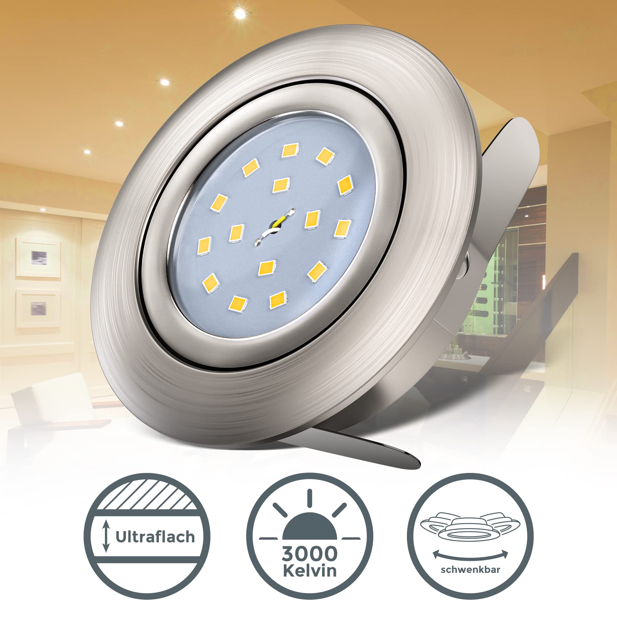 B.K.Licht Faretti LED ad incasso orientabili, set da 12, include 5W, diametro foro 68mm, lampade incasso per l'illuminazione da interno, luce calda 3000K, color nickel opaco, 230V, IP23