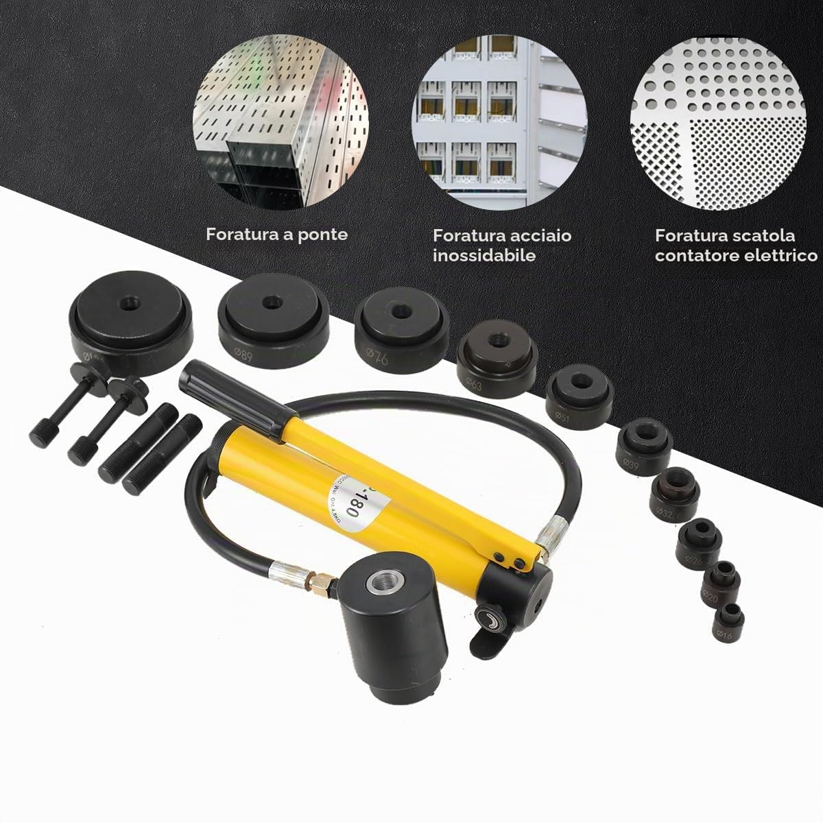 Kit di Punzonatrice Idraulica 15 Ton, Pompa Punzonatrice Idraulica in Acciaio Strumento di Perforazione con 10 Set di Punzione per Lamiera, con le Fustelle 16mm - 101mm