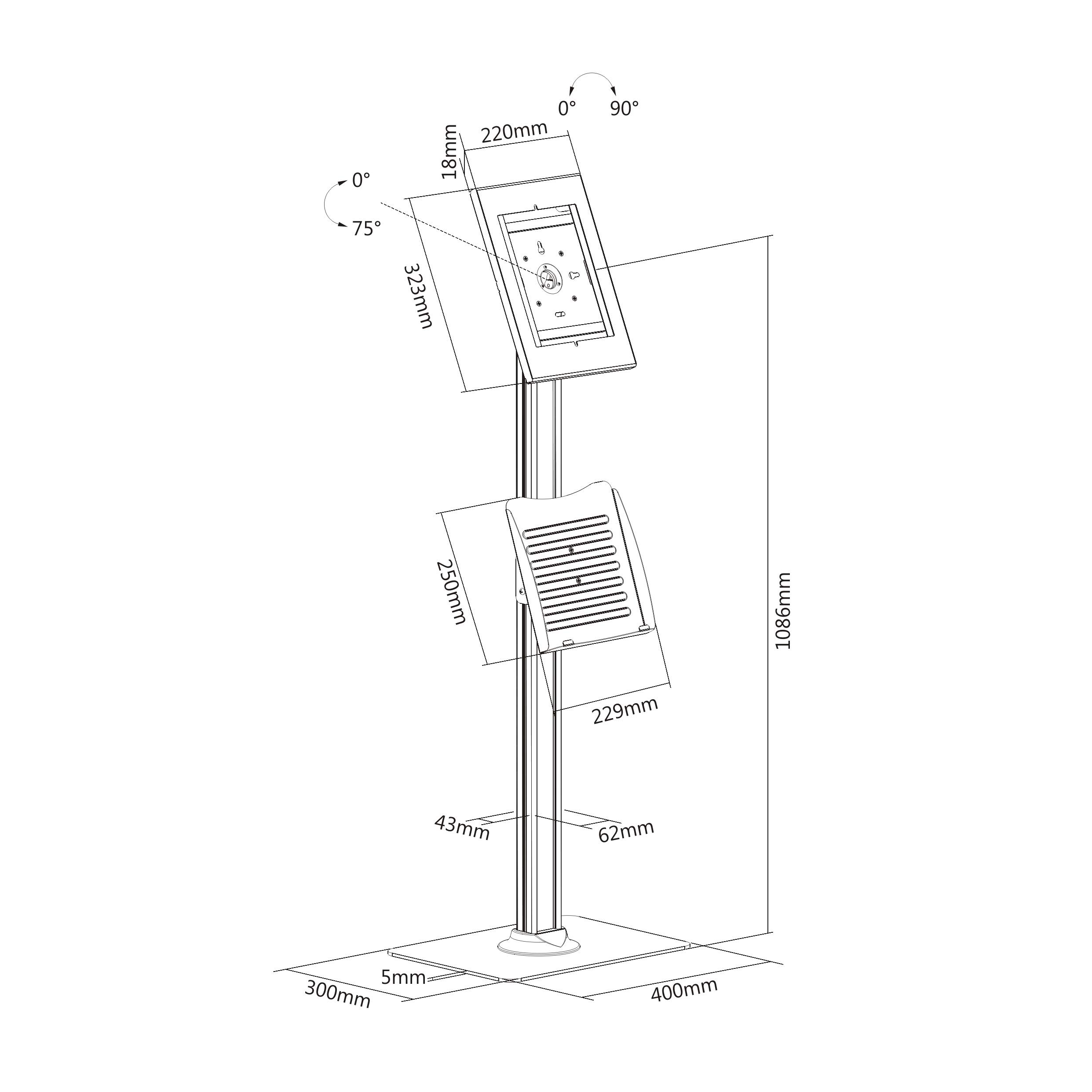 PureMounts PDS-5921 Supporto per iPad con custodia in acciaio e serratura per Apple iPad 9.7"/"10.2"/"Pro 10.5"/"Air 10.5" (Gen 3) bianco