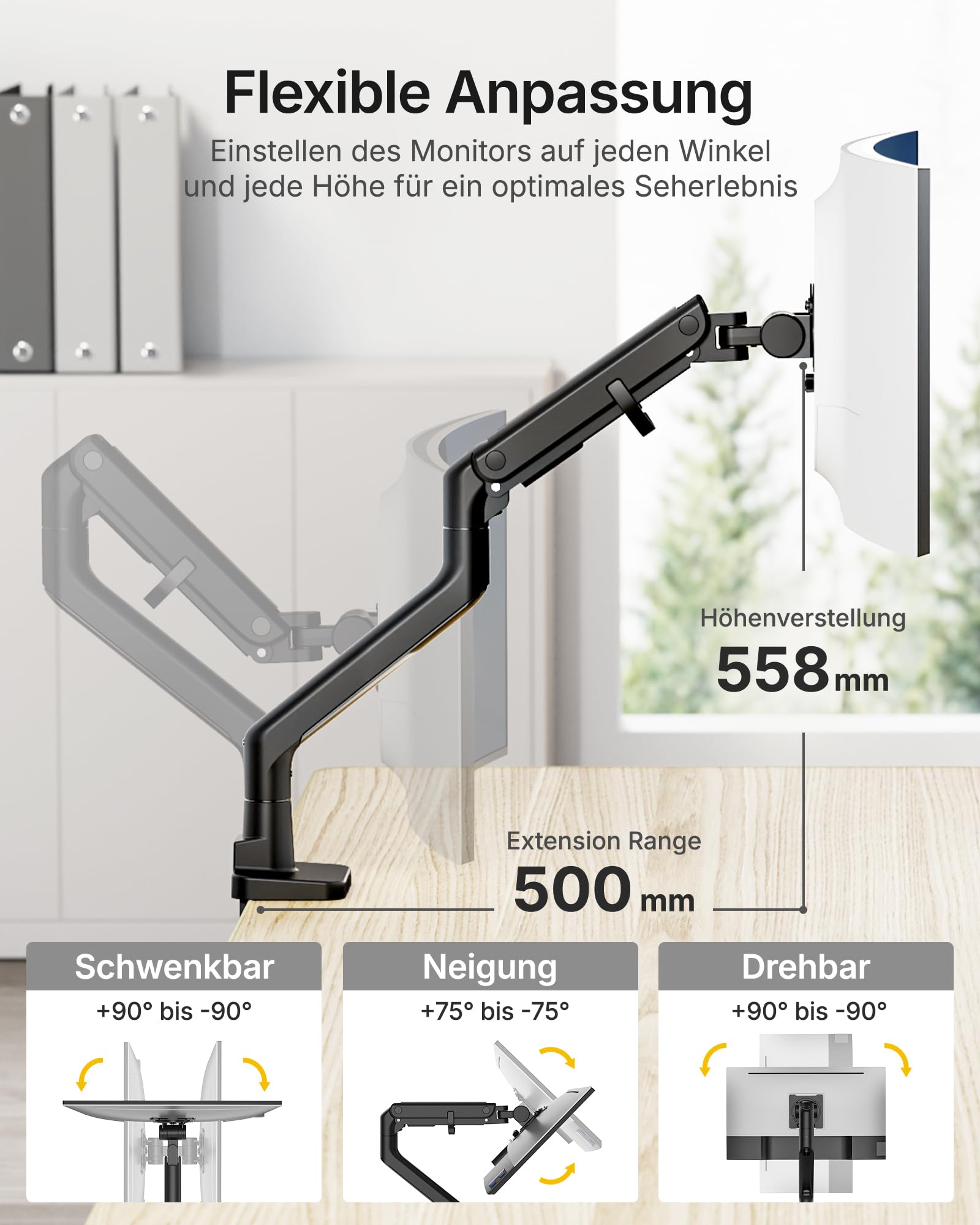 monTEK 17-57 Zoll Monitor Halterung, Monitor Arm mit Gasfeder, Verstellbarer Bildschirmhalterung für 27Kg Fernseher & Monitor, Monitorhalterung VESA 75/100 mm