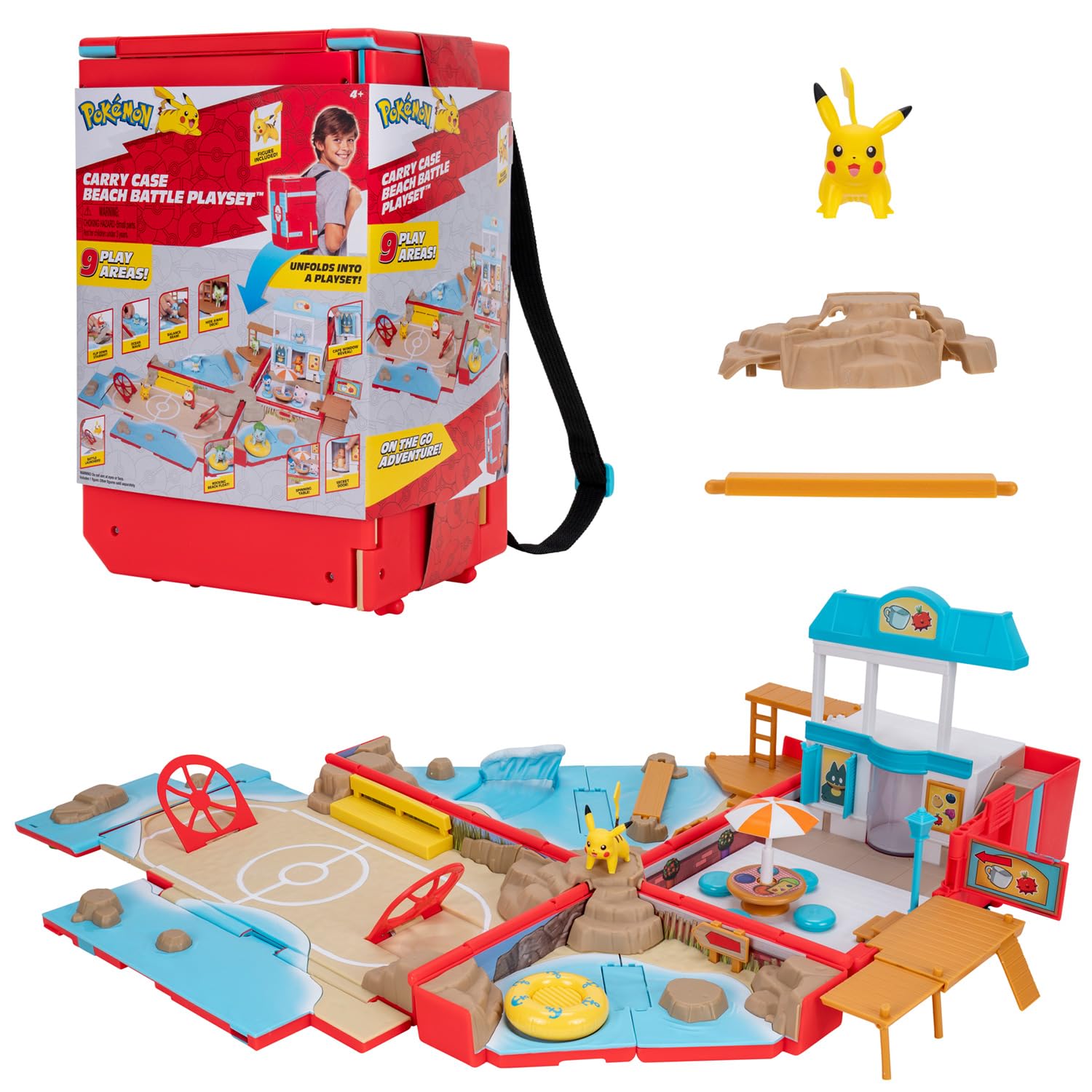 BANDAI - Pokémon - Sac à Dos du dresseur Plage - Univers de Jeu Pokémon avec Mini-Jeux - Sac Qui se transforme en Aire de Jeu Plage - Figurine Pikachu Incluse - Coffret Jouet Enfant 4 Ans et + JW3424