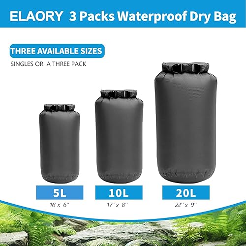 Miniatura 2 de Bolsas secas impermeables, paquete de 3 (5 L, 10 L, 20 litros), bolsas de almacenamiento ligeras e impermeables para viajes, canotaje, pesca,