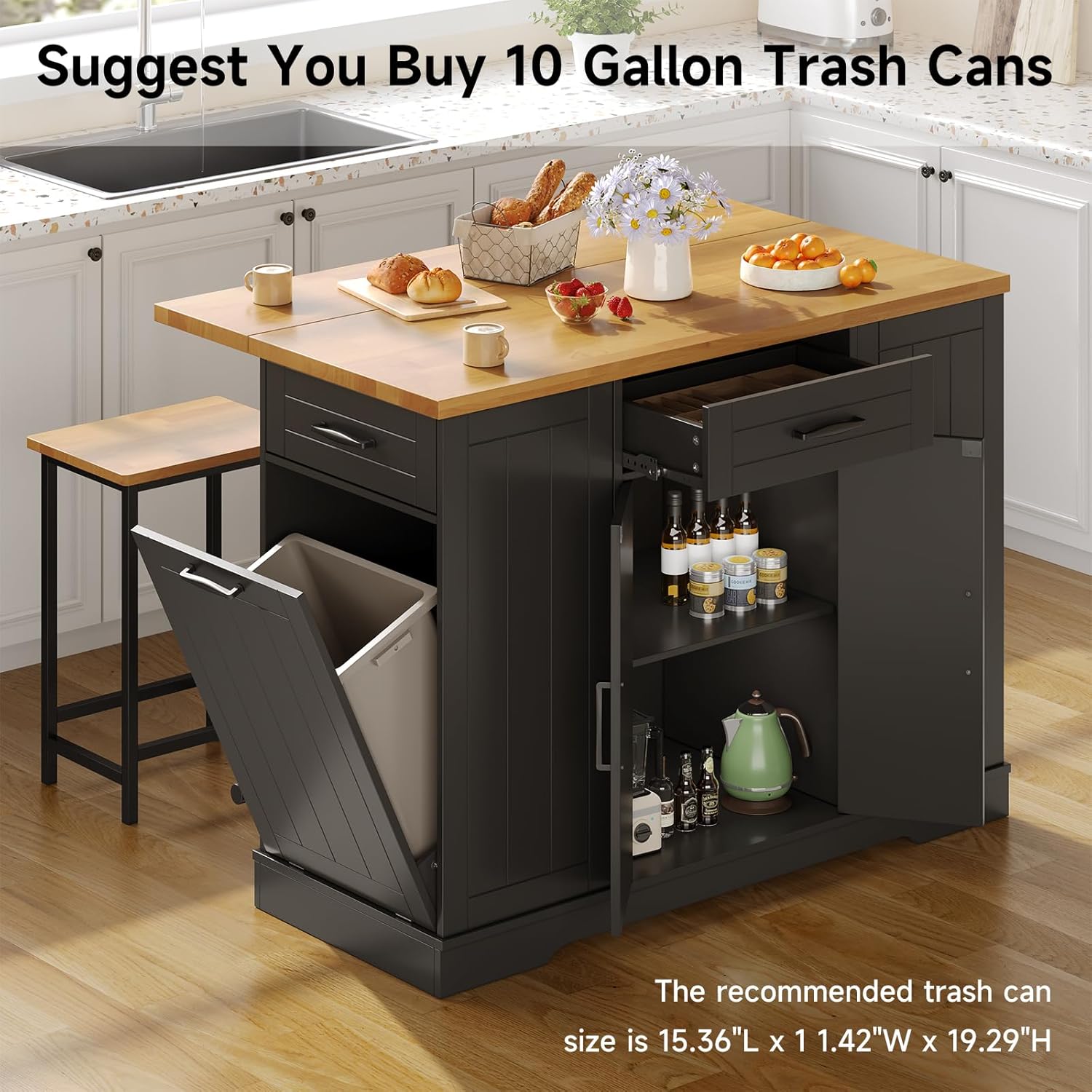 47" Kitchen Island with Seating, Stationary Island Table with Storage Include 2 Chairs, Kitchen Islands with Drop Leaf, Dining Table with Trash Cabinet & Power Outlet & Spice Rack, Black