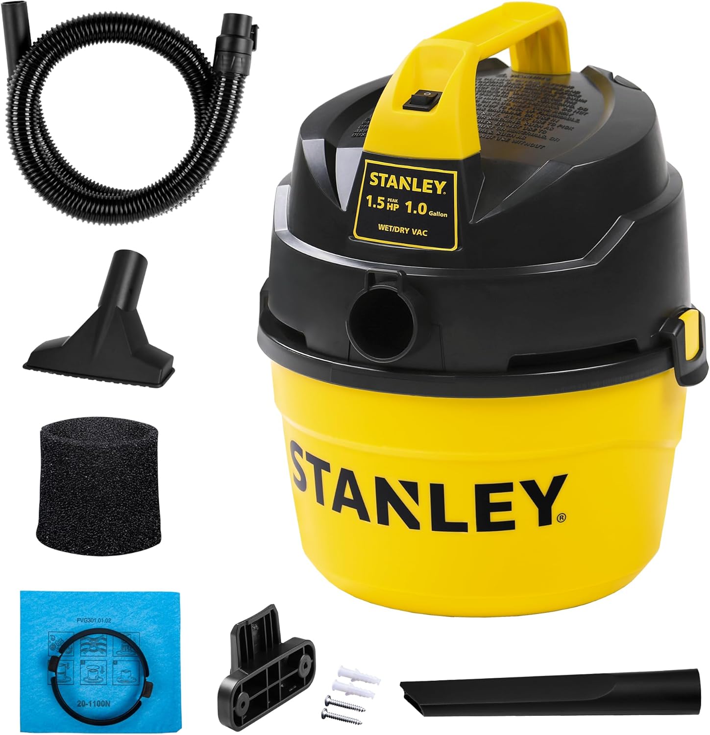 STANLEY Shop Vacuum Wet and Dry, 1 Gallon 1.5 Peak HP Small Wet Dry Vac with 60CFM Powerful Suction, Portable Wall Mount Vacuum Cleaners for Home, Car, Garage and DIY Workshop, SL18101P-1H