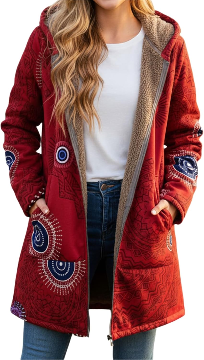 Womens Fleece Lined Jacket Zip Up Long Sleeve Hooded Vintage Print Fall Winter Warm Plus Size Coat With Pockets