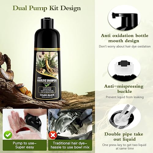 Miniatura 7 de Champú de tinte para el cabello negro, ingredientes herbarios naturales sin amoníaco, tinte para cabello negro para mujeres y hombres, cobertura de