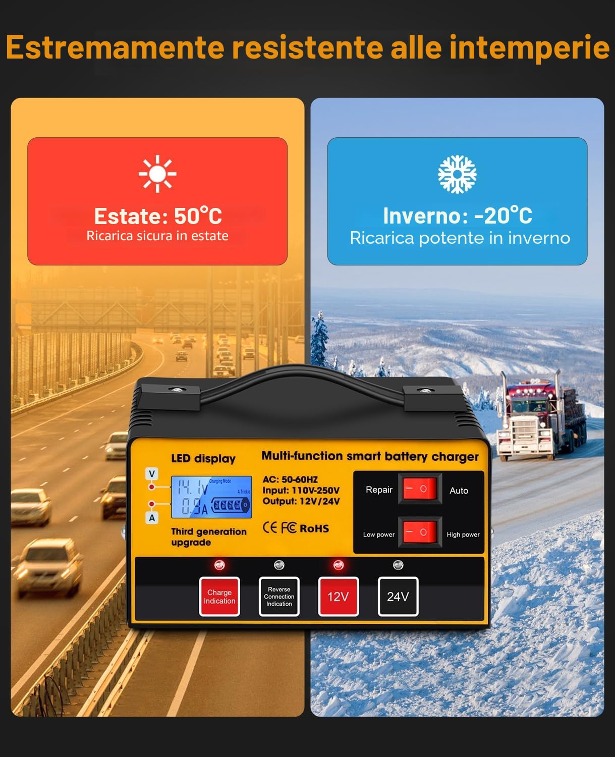 Arrinew Carica Batteria per Auto Caricabatterie Intelligente con Funzione di Riparazione Degli Impulsi, Schermo LCD e Multi Protezioni per Auto Moto Scooter Batterie al Piombo e Litio,arancione e nero
