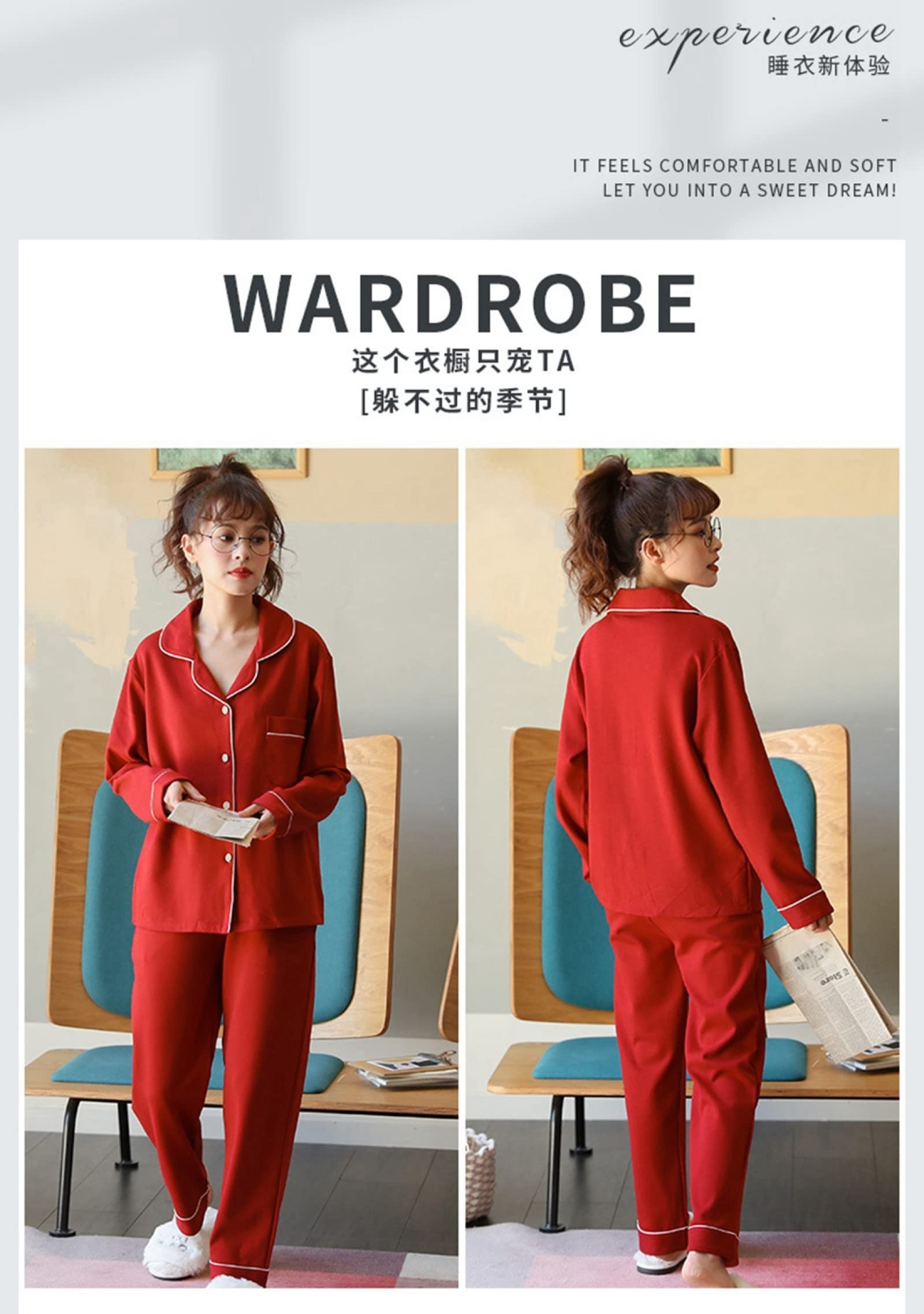 Pijamas de Franela para Invierno y otoño para Mujer y Hombre, Conjuntos de Pijama de 2 Piezas para Mujer, de algodón de Moda, de Manga Larga con Solapa, Sencillos, en Rosa y Rojo,