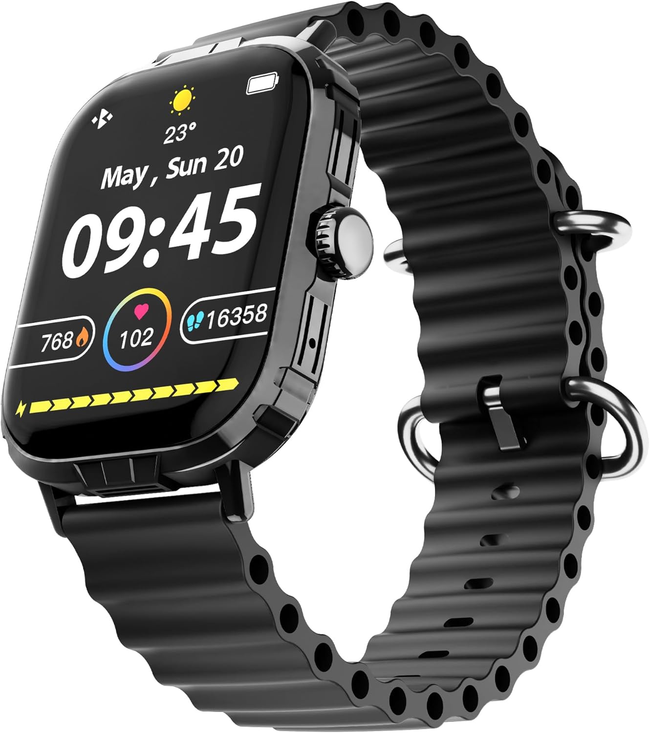 HyperGear FIT X2 Smartwatch displaying the main watch face with time, date, and health metrics.