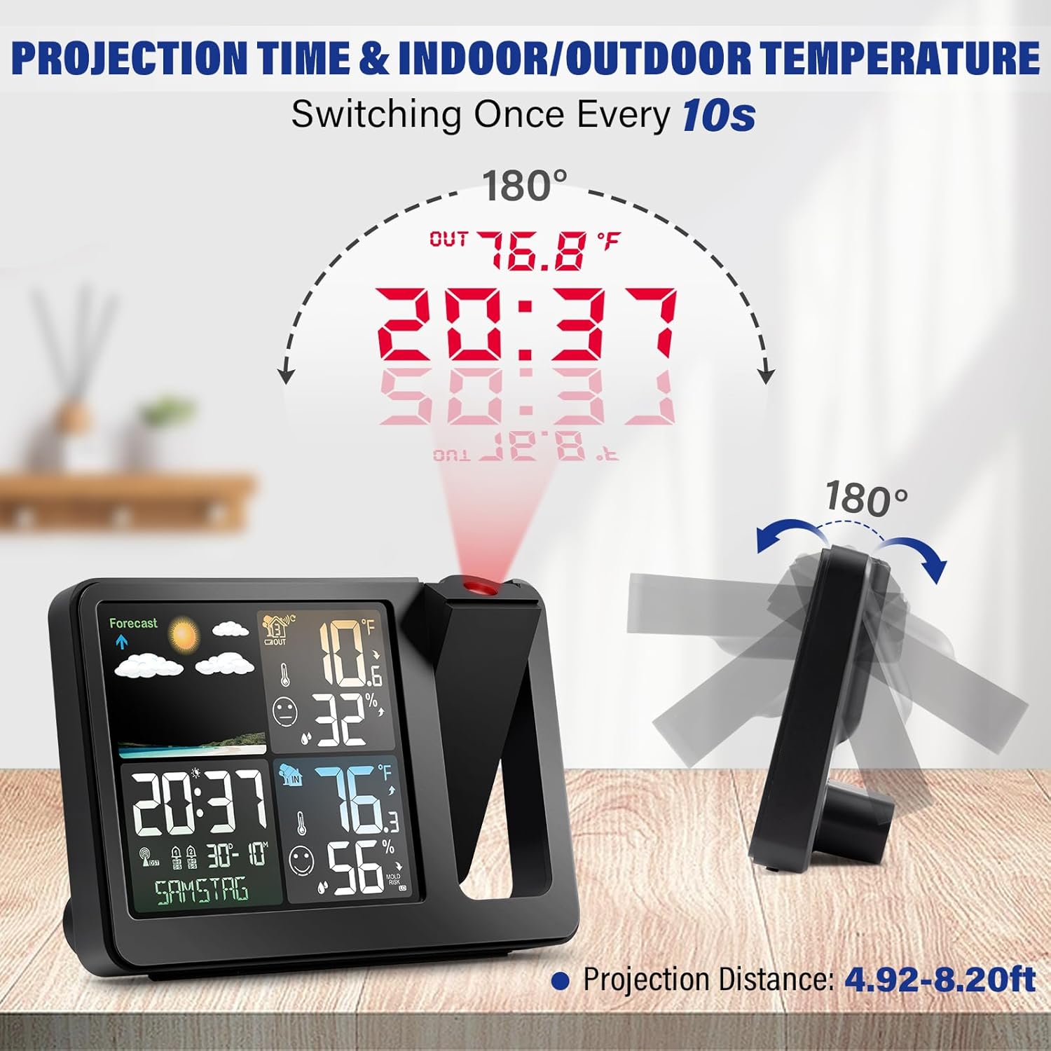 Projection of time and temperature on a wall, with 180-degree rotation