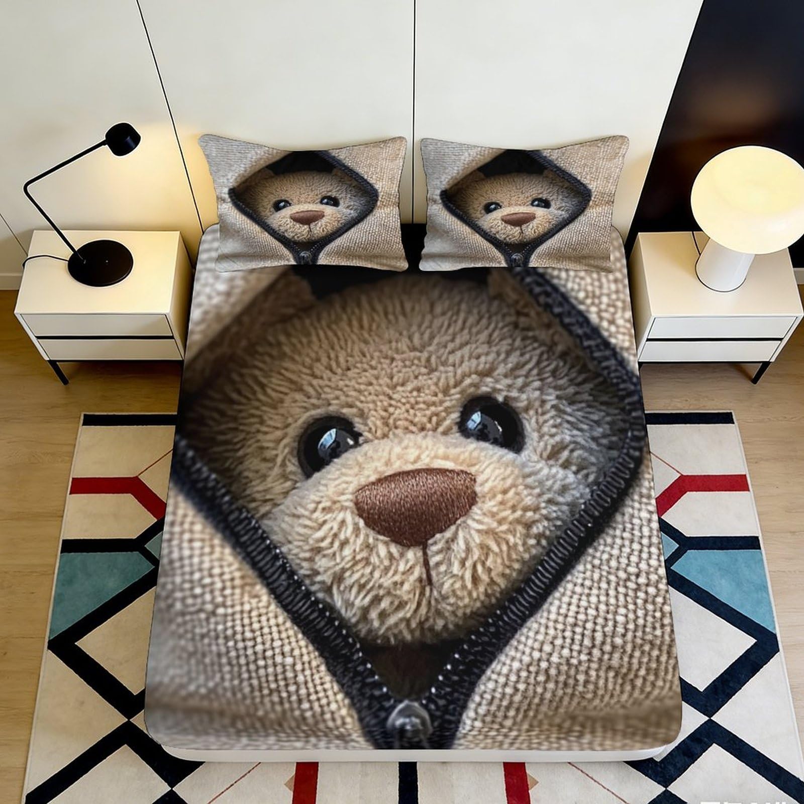 3D Printed Teddy Bear Hoodie Fitted Sheet Microfiber Anti-Slip Mattress Cover Bedroom Dorm Decor Easy Care 180x200x25cm