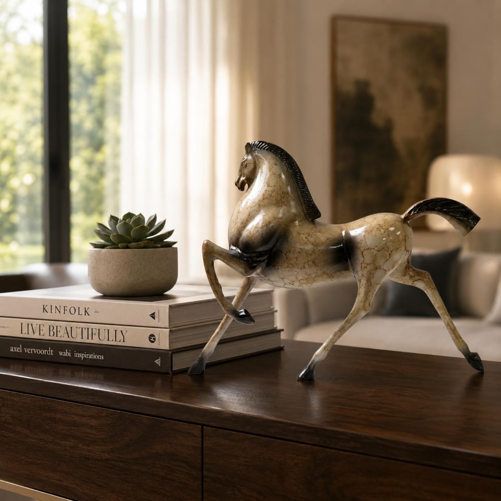 Statua Cavallo Decorativa Scultura Cavallo Ornamento Tavolo Figura Cavallino Soprammobile in Alluminio con Design Dinamico E Fascino Raffinato Adatta a Consolle Mobile TV Studio Libreria