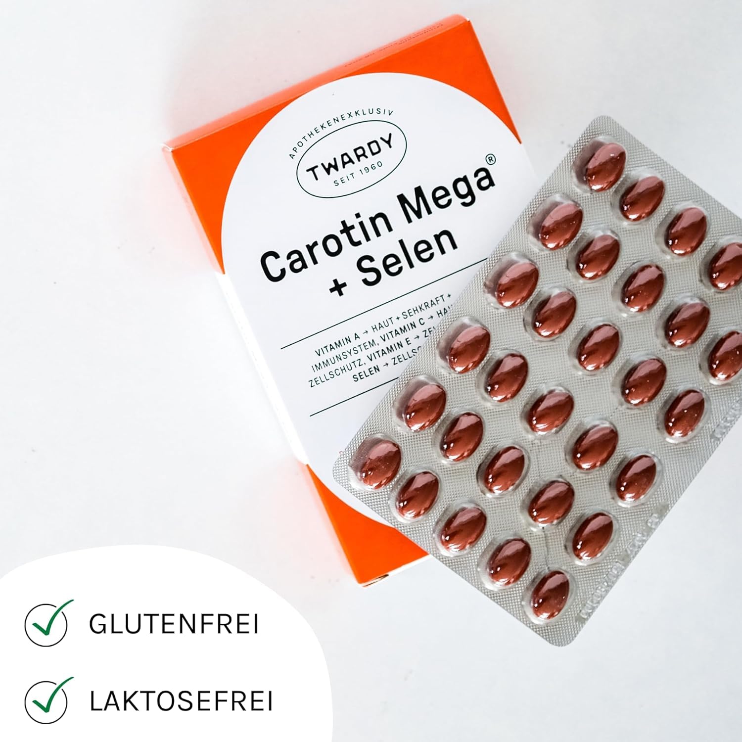 Astrid Twardy Carotin Mega+Selen Kapseln Anti-Aging & Zellschutz mit Betacarotin (Provitamin A), Vitamin C & E, Selen für gesunde, strahlende Haut & Immunabwehr, Nahrungsergänzungsmittel 60 Kapseln