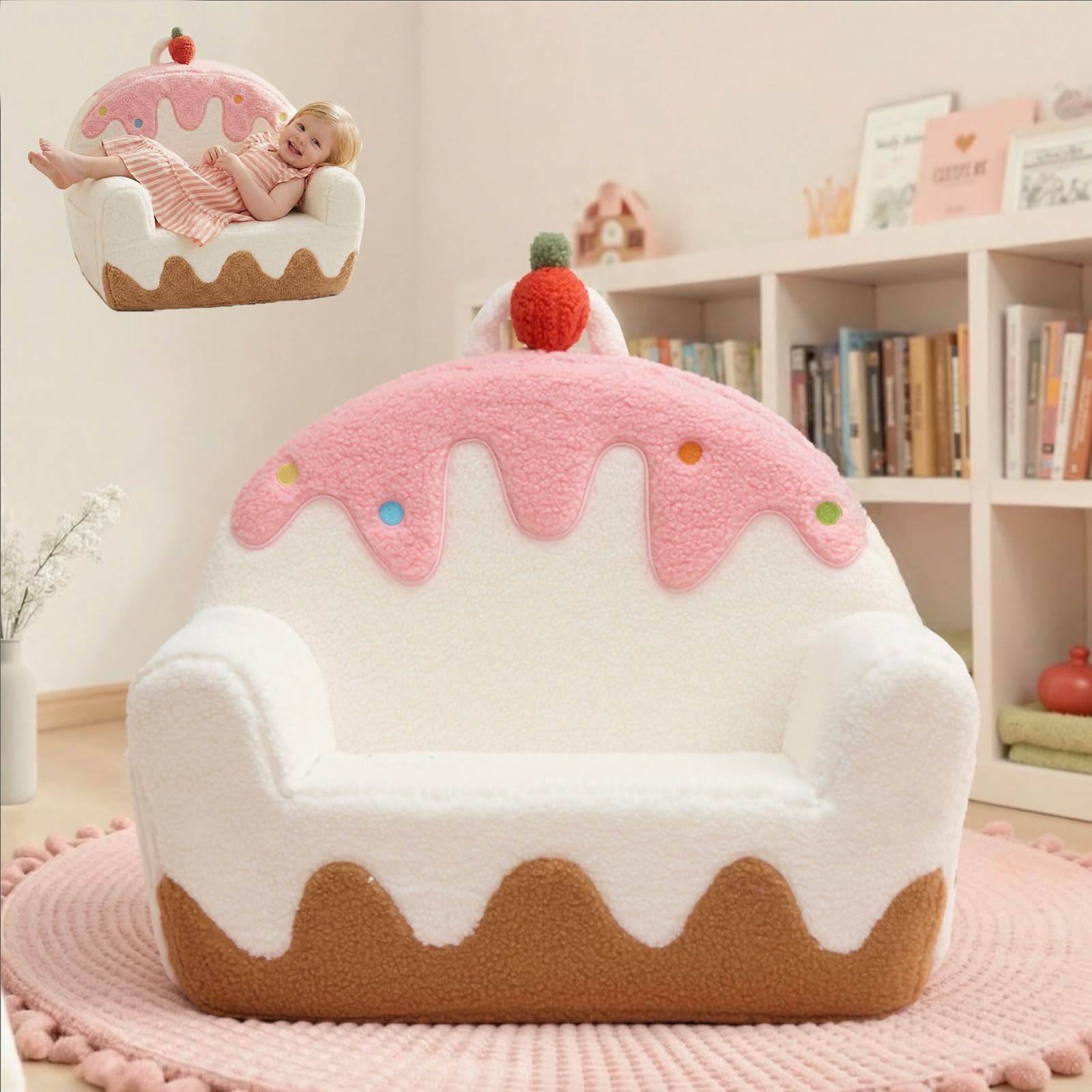 OUOZZZ Fauteuil bébé 1-3 Ans, canapé Enfant chauffeuse en Sherpa Doux, Mini Sofa pour Chambre Fille ou garçon, Design Glace Blanc crème | Sherpa doux, poche latérale et poignée de transport, siège en mousse, salle de jeux ou chambre à coucher