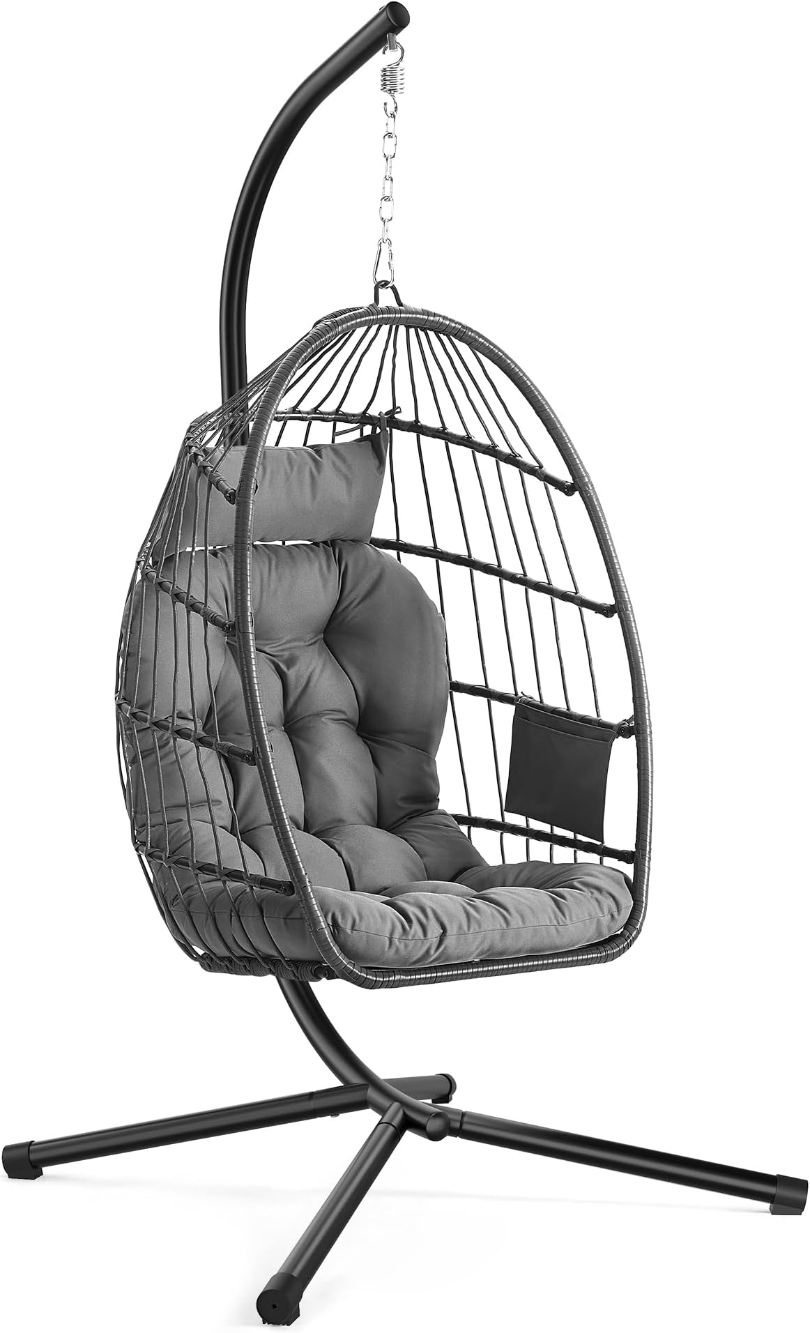 Outdoor Hanging Egg Chair, Foldable Removable Basket, Height-Adjustable Swing Chair, Side Pocket, Cushion, for Living Room, Garden, Balcony, Grey GDC050GZ02
