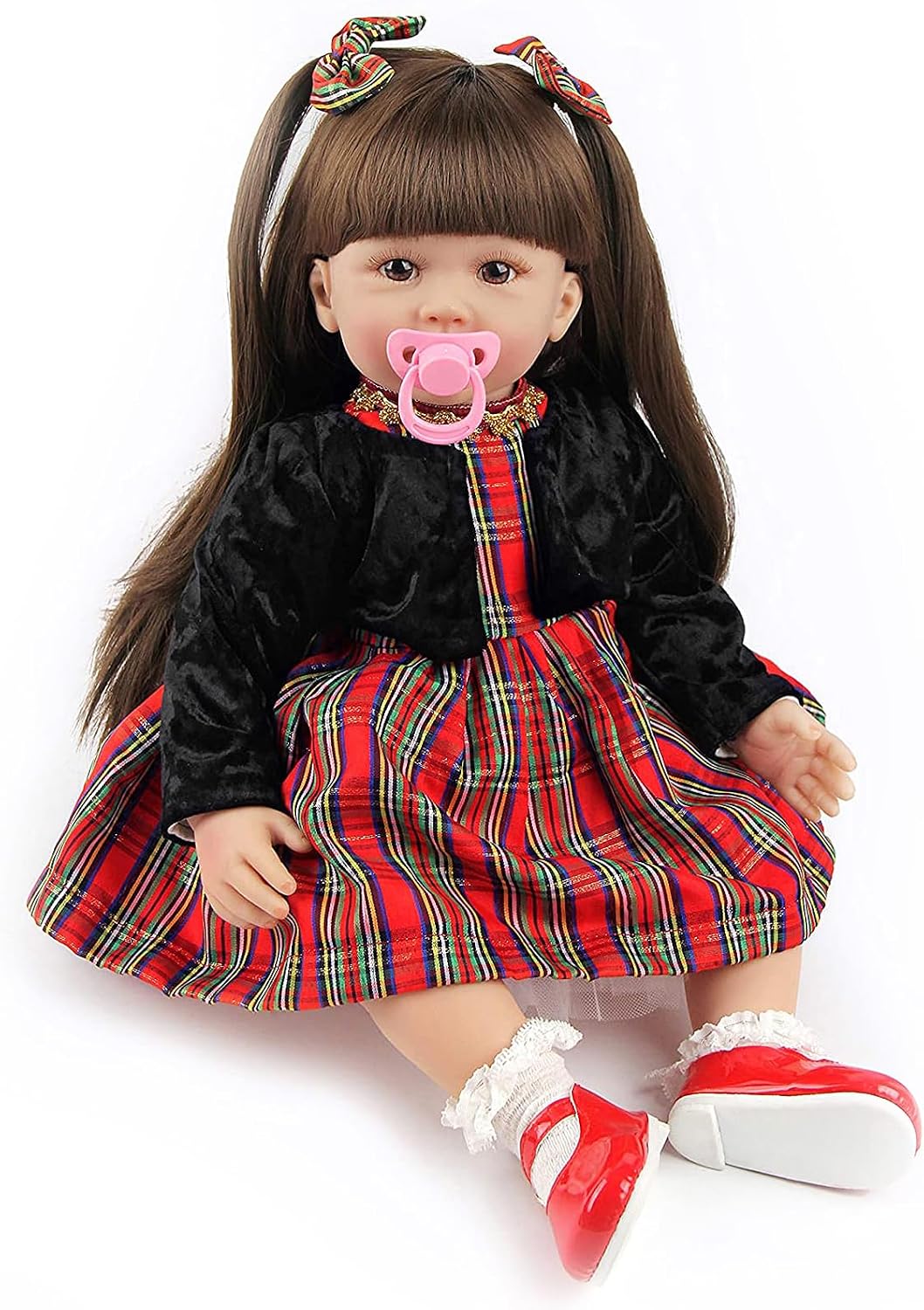 truly soft Realistic Baby Doll with Long Hair, Red Plaid Dress, and Black Sweater, 24 Inches Realistic Baby Doll Soft Silicone Vinyl Lifelike Newborn Baby Girl, Real Baby with Soft Weighted Body