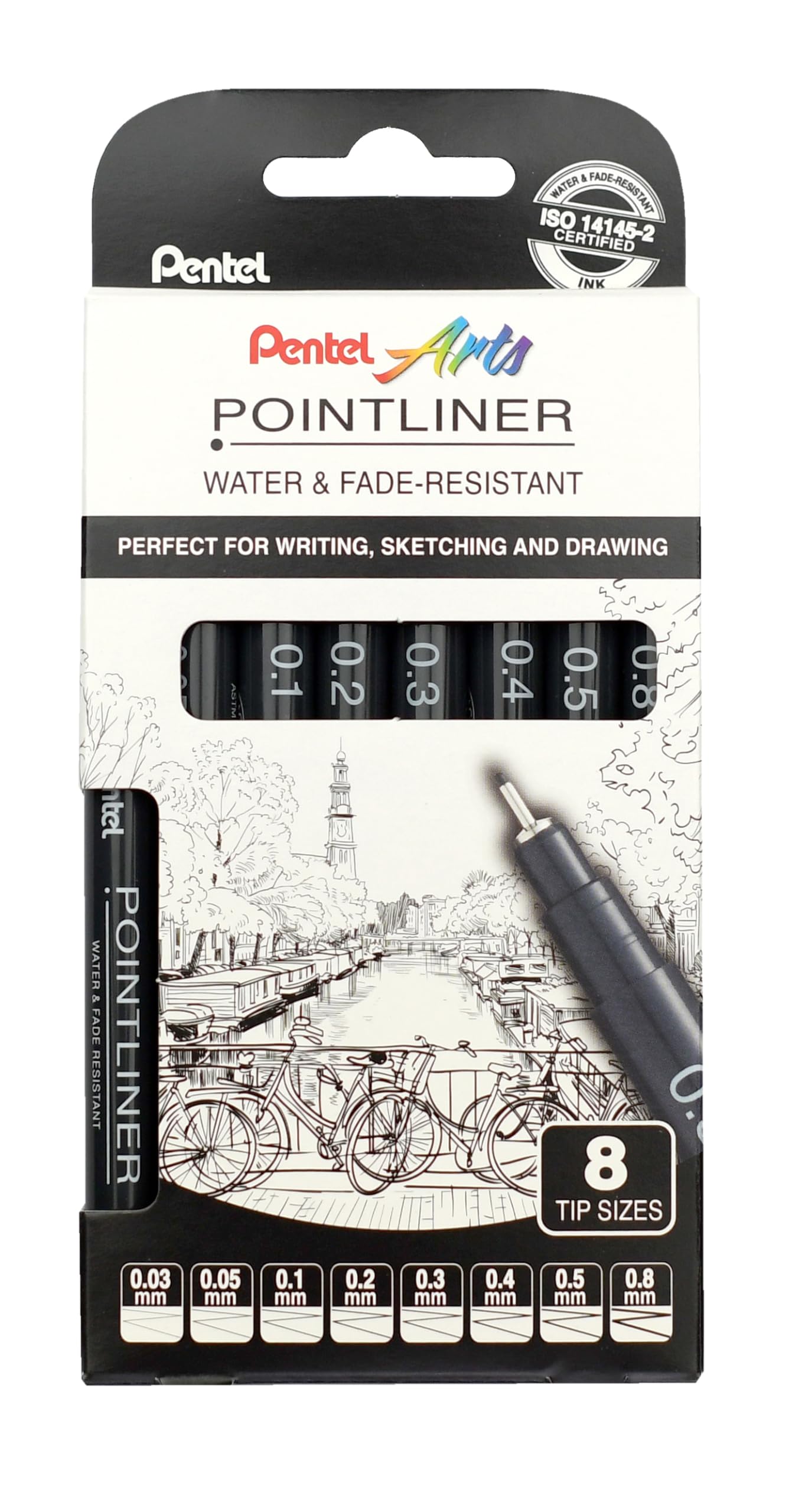 Pentel Pointliner YS20P-8, 8er Set Fineliner, schwarz, wasserfest und lichtecht, 0,03-0,8 mm, VE=12 Sets