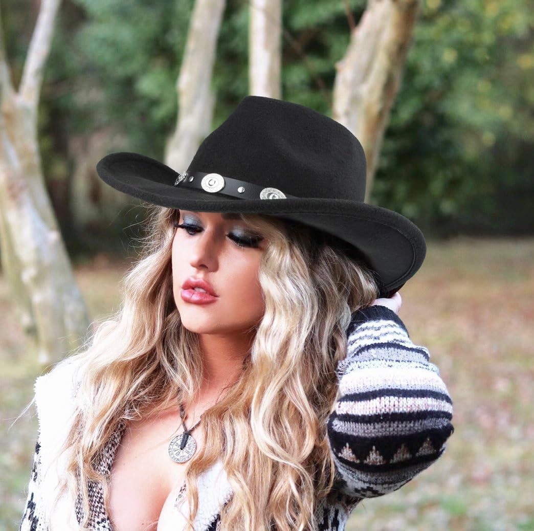 Black Cowboy Cowgirl Hat for Women Men Western Style Wide Brim Felt Fedora Panama Hat with Detachable Belt Buckle