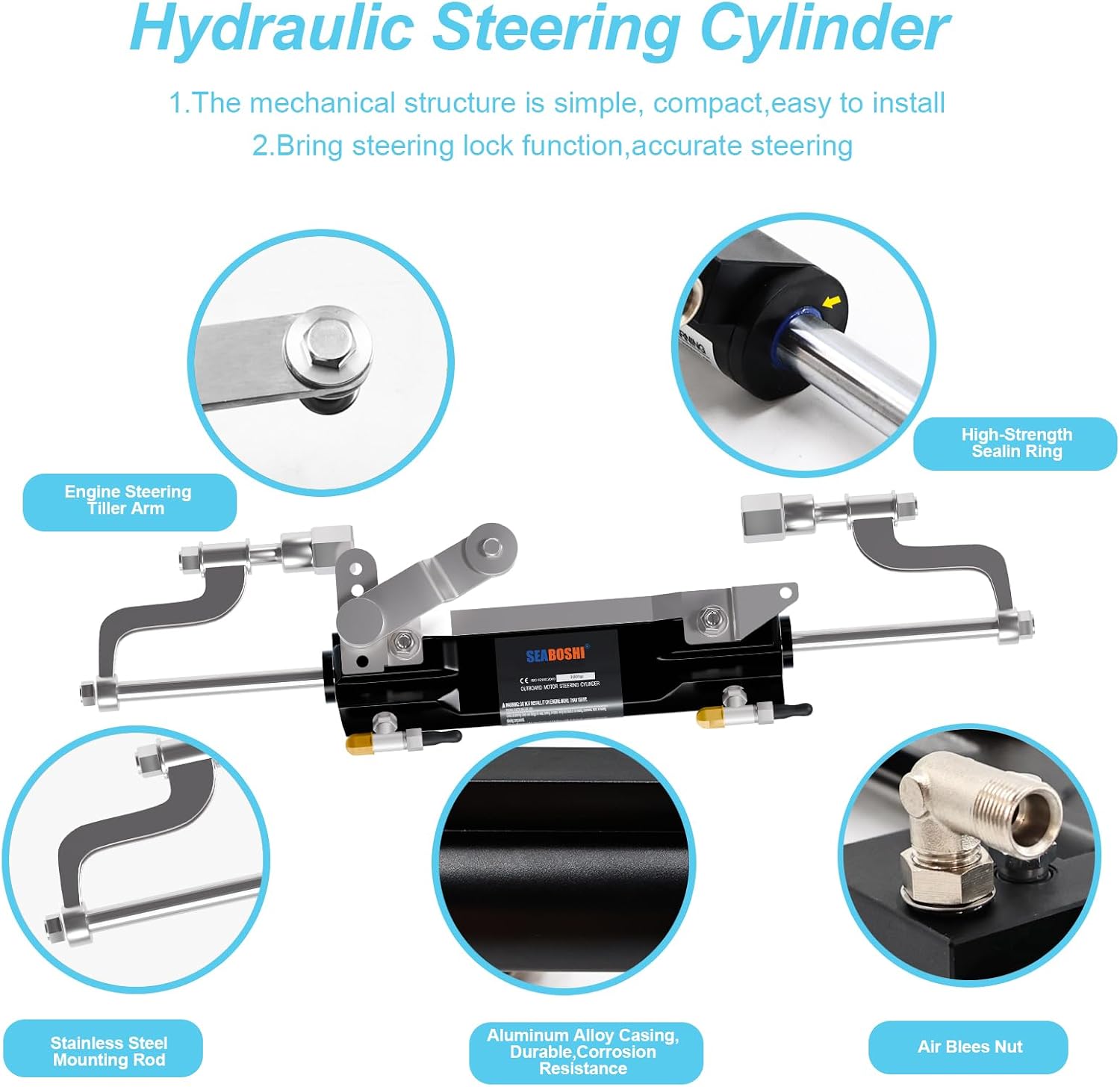 Outboard 300HP Hydraulic Steering Kit,Hydraulic Steering for Boats,Boat Steering System with Hydraulic Cylinder,Helm Pump and Tubing