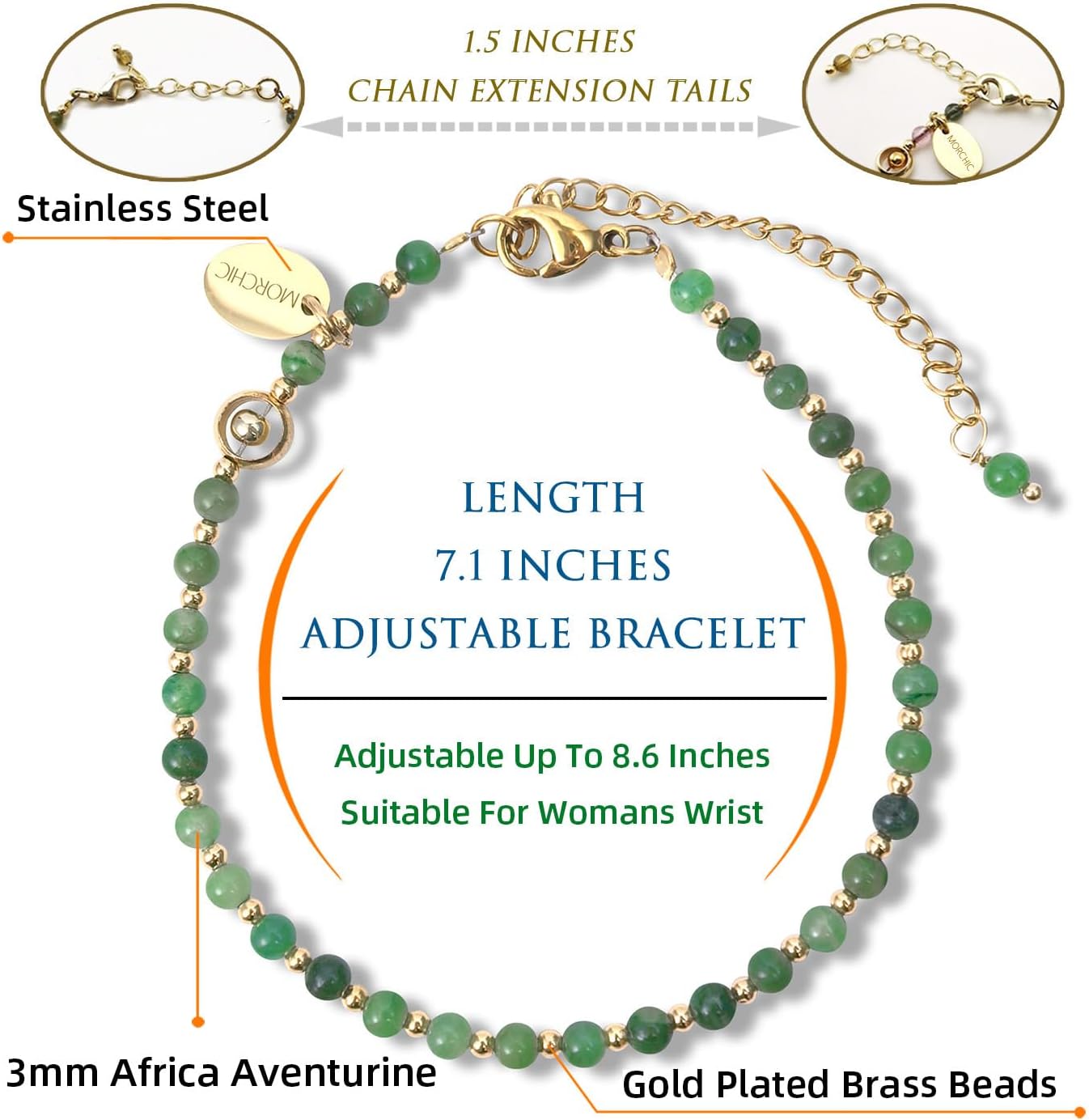 Morchic 3mm Natural Gemstone Beaded Bracelet for Women, Dainty Tiny Charm Jewelry, Adjustable 7.1-8.6" Ideal Birthday Holiday Gift