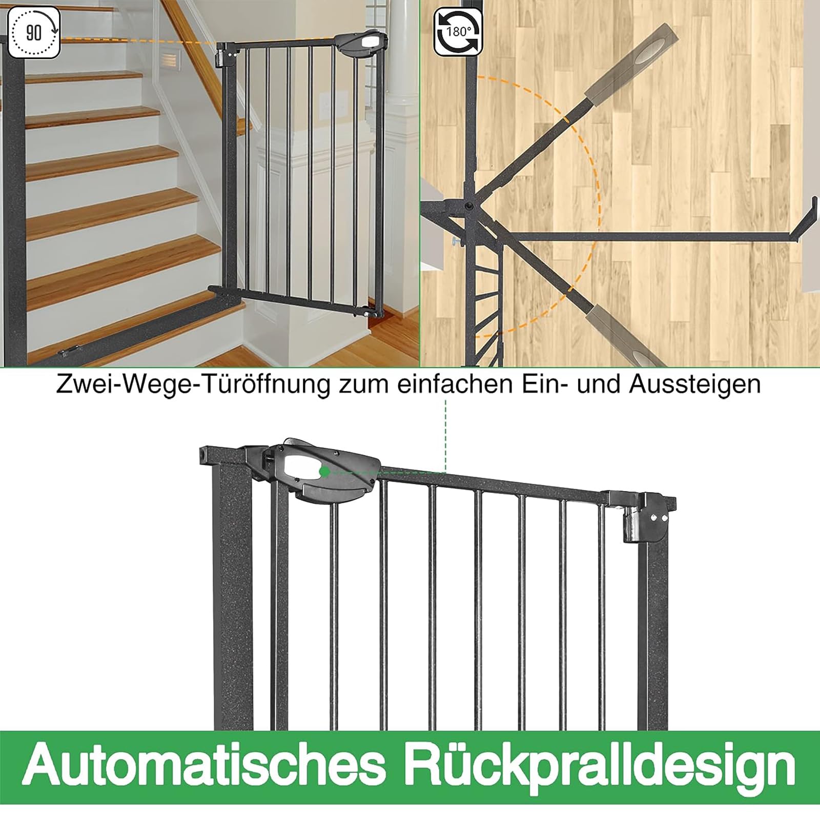 Aufun Rejilla protectora para escaleras, para niños, 180°, rejilla de apertura bidireccional, 95-105 cm de ancho, sin taladrar, rejilla de metal para niños pequeños, color negro