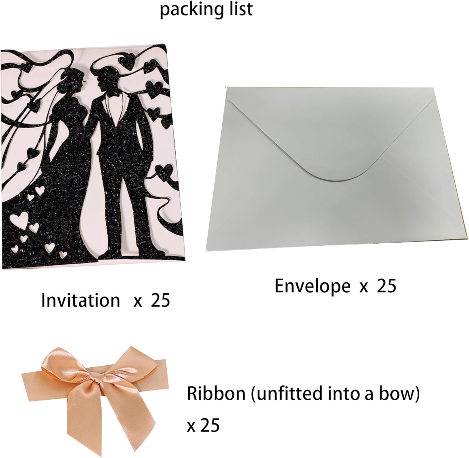 25PCS Laser Cut Invitation Pocket, 5 x 7 Laser Cut Gate Invitation for Wedding Bridal Shower Quinceanera Invite with Envelope,No Insert (Black Newcomer)