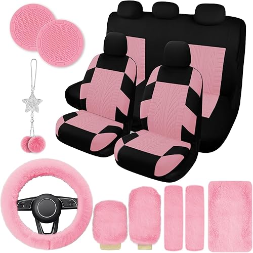 Juego completo de 17 fundas de asiento de automóvil para mujer, funda universal para asiento de automóvil, funda de volante de felpa, engranaje de